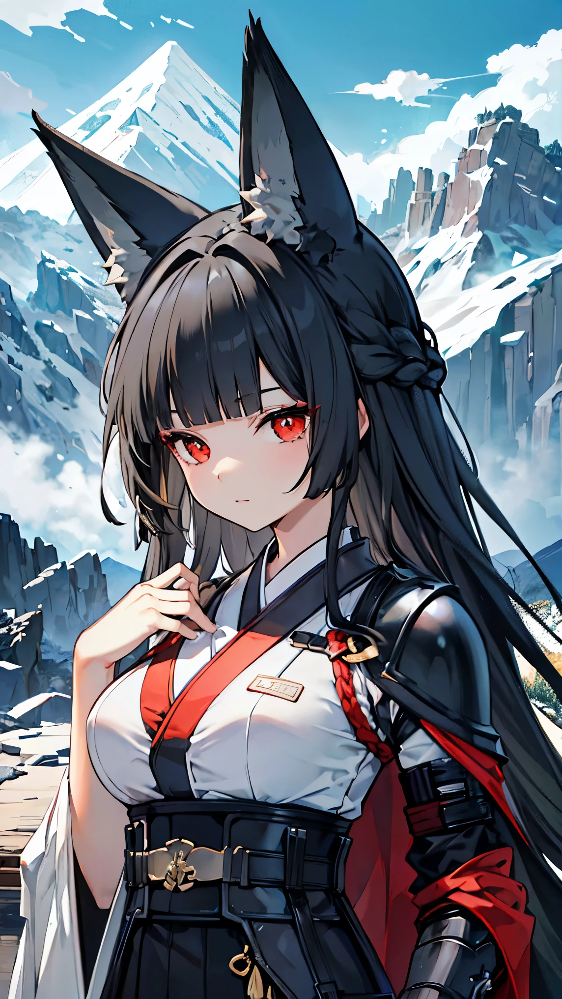 top quality、、(Whitening skin)、 black hair、 long hair、 Red、Fox Ears、Petite、 slender, kimono、Big Breasts、armor、armor武者、armor兜,Mountain,,,