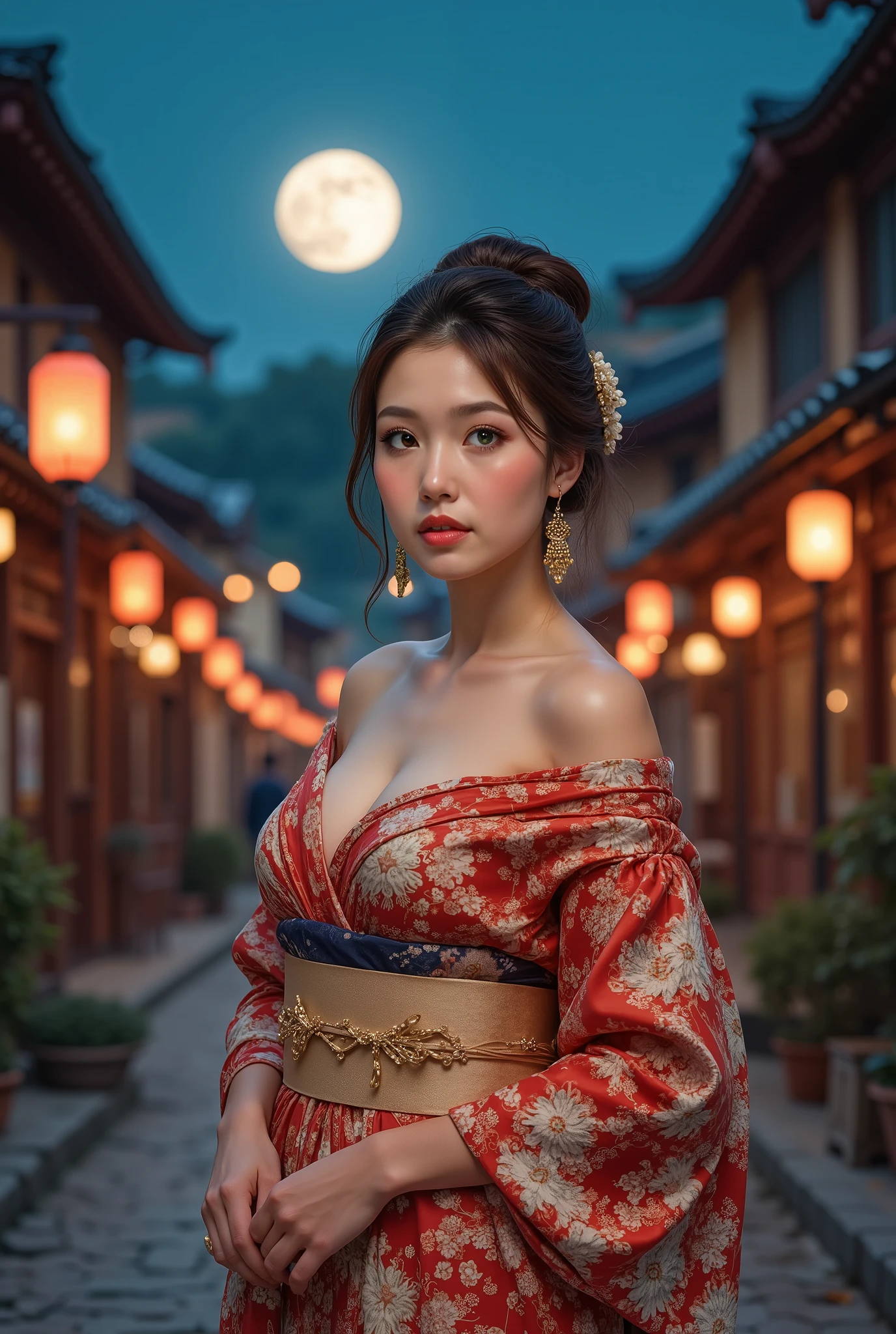 (((full body))), (((full body shot))), best quality, masterpiece, super high resolution, beautiful Japanese girl, Kind Face, green eyes, kind smile, Curvy Body, big boobs, updo brown hair, Japanese female Cloth Outfit, Japanese kimono, (((off shoulders:1.5))), (((bare shoulders:1.5))), In Old Japanese-style street, night:1.2, full moon,