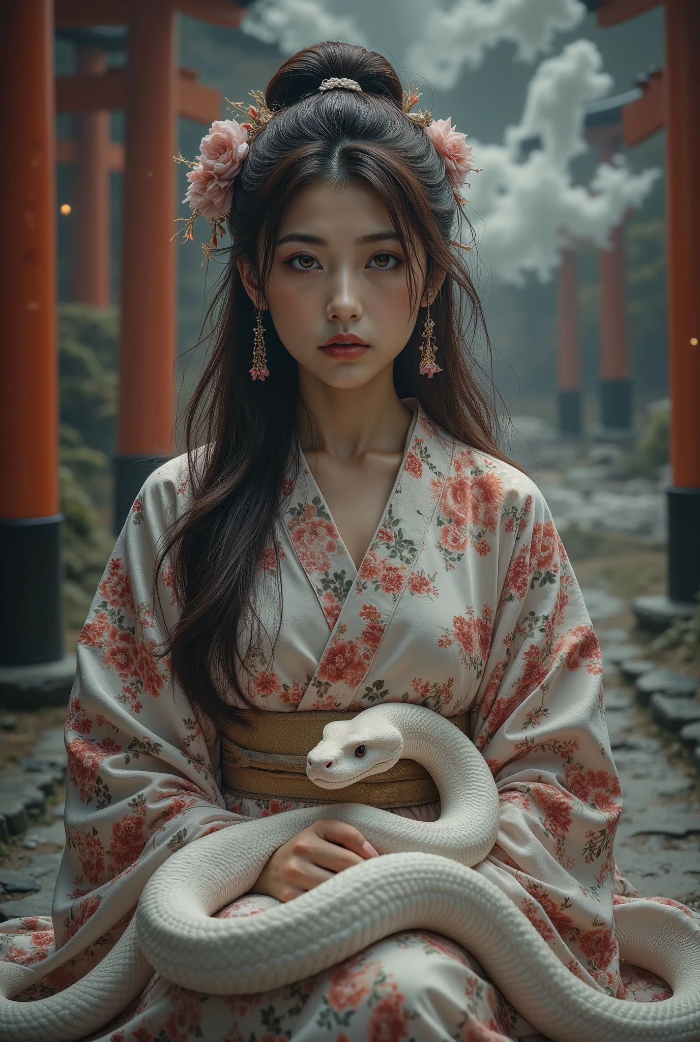 ( RAW Photo ), ( by Nomi), ( photorealisticな), ultra high resolution, Masterpiece, 最 high quality,, A very beautiful piece of art , A girl in a kimono , cute, Many details, staring at viewers , is located away from the camera, show me full body , (( from before :1.1), facing the front , Turn your back and face forward ), fantasy , surreal, Dramatic Lighting, is dull, moody vibe , photorealistic, 8k, high quality, Masterpiece, city, staring at the viewer with shining golden eyes , In the background、, shining spiritual clouds envelop the image, and the vermilion torii gate can be seen thinly in the distance , very detailed, movie, A white snake is wrapped around my lap , beautiful detailed eyes , lips with beautiful details, extremely detailed face, Shining Eyes, Fantastic Scenery , long hair, Sitting Position ,