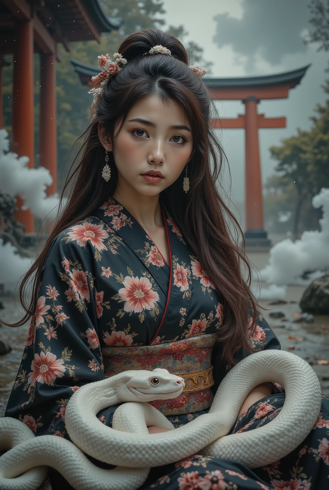 ( RAW Photo ), ( by Nomi), ( photorealisticな),  ultra high resolution,  Masterpiece, 最 high quality,, A very beautiful piece of art , A girl in a kimono ,  cute, Many details,  staring at viewers ,  is located away from the camera,   show me full body  , (( from before  :1.1),   facing the front ,  Turn your back and face forward ),  fantasy ,  surreal,  Dramatic Lighting,  is dull,  moody vibe ,  photorealistic, 8k,  high quality,  Masterpiece, city,  staring at the viewer with shining golden eyes ,  In the background、,  shining spiritual clouds envelop the image,  and the vermilion torii gate can be seen thinly in the distance ,  very detailed,  movie,  A white snake is wrapped around my lap ,  beautiful detailed eyes ,  lips with beautiful details,  extremely detailed face, Shining Eyes,   Fantastic Scenery ,  long hair,  Sitting Position ,