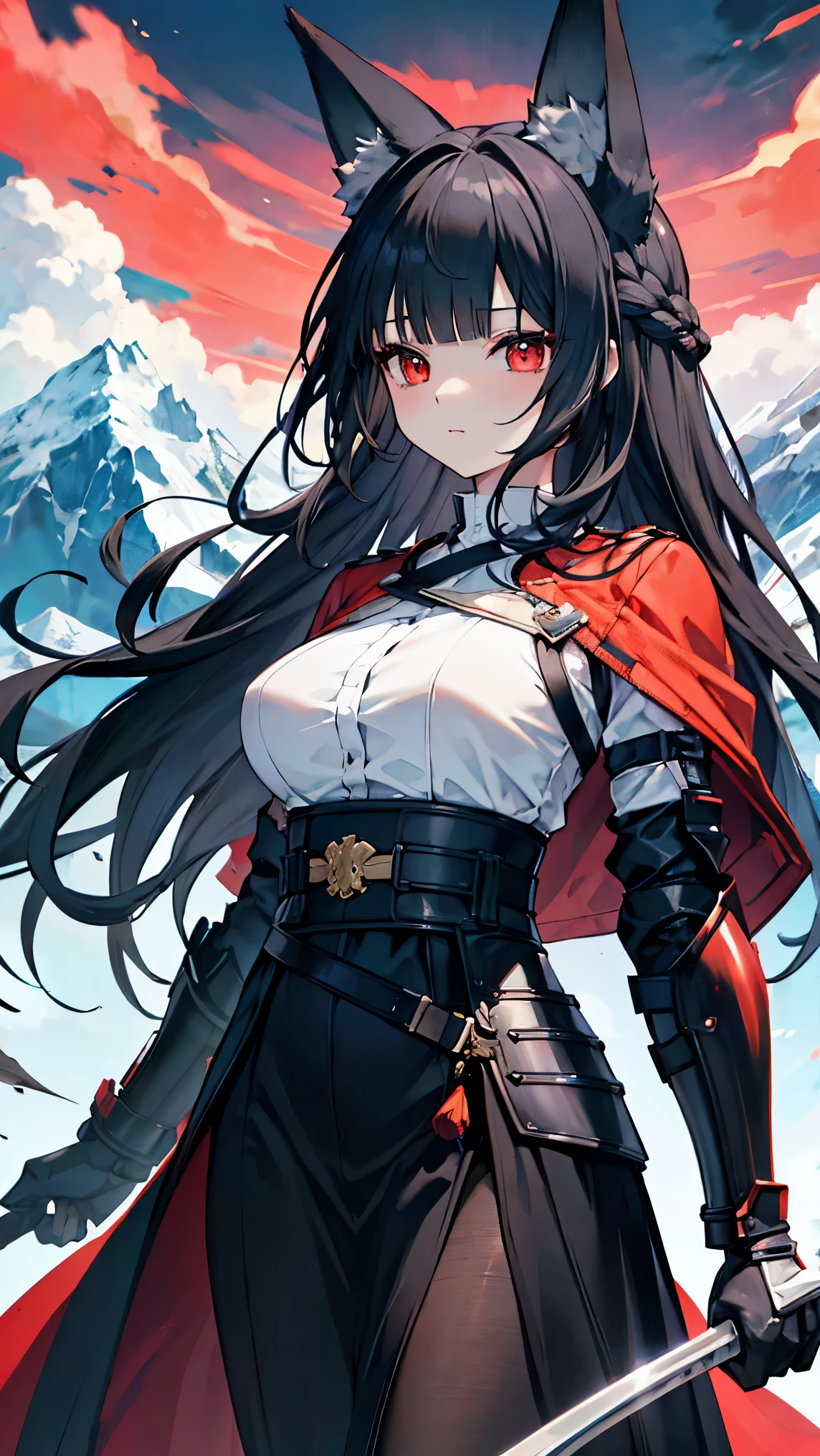 top quality、、(Whitening skin)、( black hair、 long hair, Princess cut)、 Red、Fox Ears、Petite、 slender,Big Breasts、armor、armor武者、armor兜,Mountain,,,