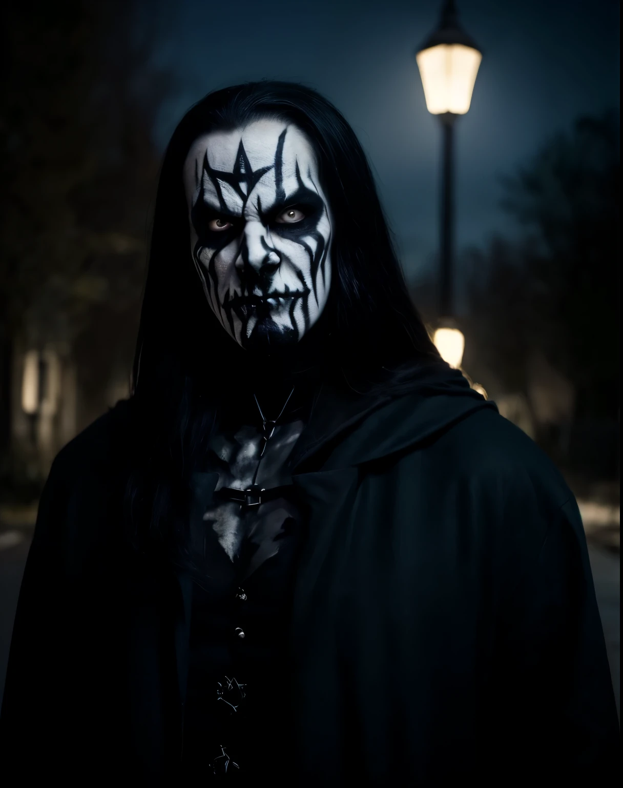 (masterpiece, best quality:1.2), (((1man, male))) , solo, highres, best quality, Half body shot of a strong Man, pale white skin angry man with (((black metal corpsy paint))), ((Angry face)) , heavy White and Black face paint, wearing a black overcoat, spike, in a gothic cemitery, at night, horror movie. high details, super detail, textured skin, masterpiece, UHD, 4K, 8k. ((Cinematic lighting)). Gothic cemitery background