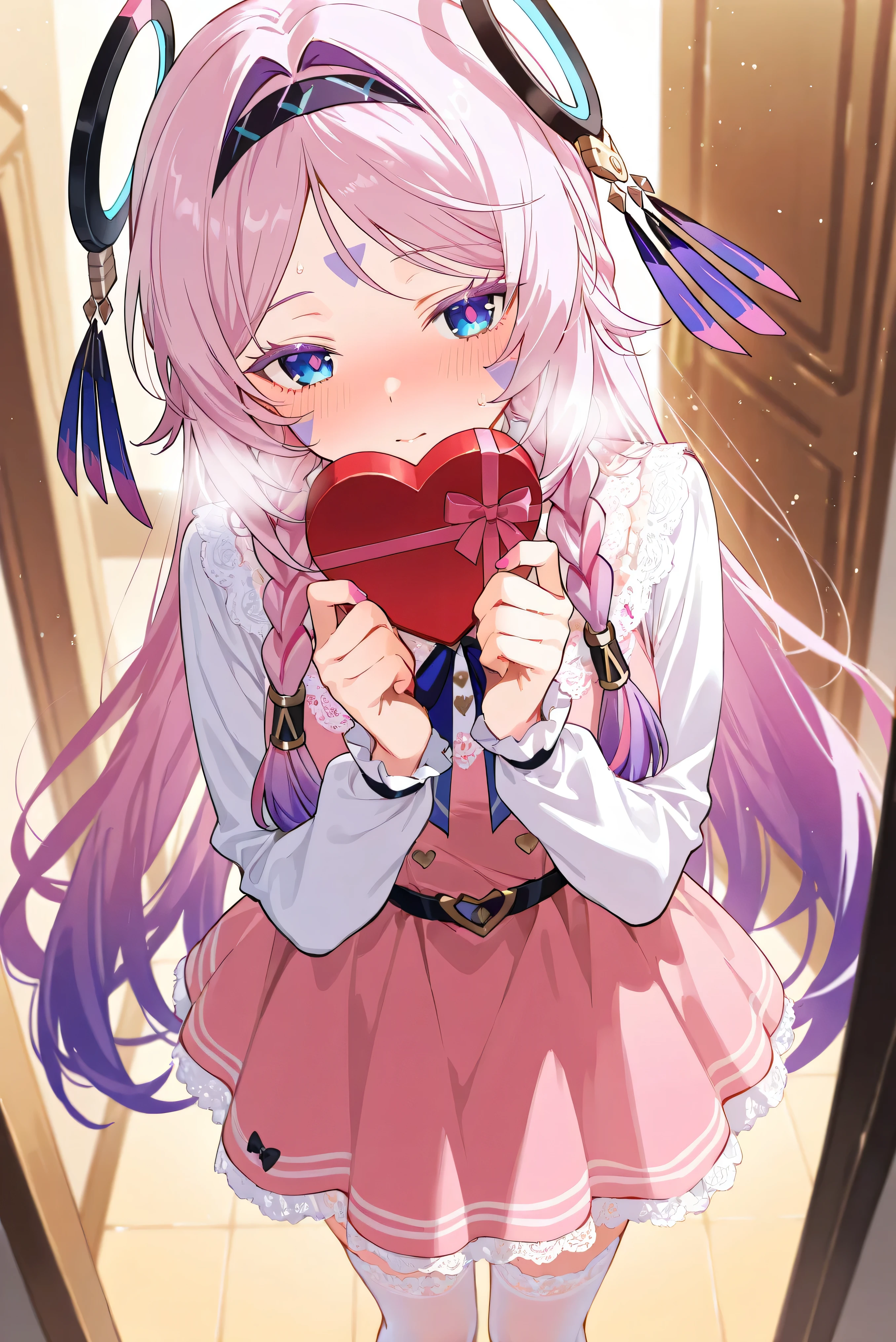 score_9, score_8_up, score_7_up, masterpiece, best quality, very aesthetic, absurdres, tunning image, light particles, attractive image, 1girl, adult grown woman, citlali \(genshin impact\), pink hair, purple hair, multicolored hair, twin braids, hair intakes, blue eyes, forehead mark, lavender eyelashes, pink pupils, headgear, long hair, colored eyelashes, blush, heavy breathing, masterpiece,best quality,amazing quality, pink nail, 5 fingers, alternate costume, An anime character dressed in an adorable Valentine's Day outfit, wearing a frilly pink dress adorned with heart-shaped bows and delicate lace details. Their legs are covered in white lace stockings, paired with charming Mary Jane shoes. A cute heart-shaped headband rests atop their softly curled hair. They hold a beautifully wrapped heart-shaped box of chocolates while standing in a dreamy flower garden, bathed in the warm pink and gold hues of a romantic sunset