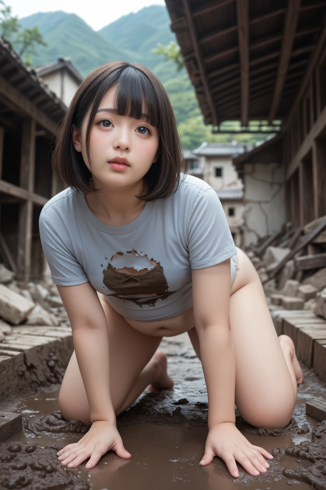 Very detailed, detailed, best quality, super high resolution, highest resolution, 20 year old Japanese female, anxious expression, detailed facial depiction, detailed eye depiction, wide open eyes, cute double eyelids, thick lips, black hair, black pupils, flabby stomach, (((very small breasts, chubby woman))), torn and tattered, very yellowed and dirty short t-shirt, beige hot pants with ripped cuffs, very dirty clothes, clothes that haven't been washed in a month, clothes stained with mud, kneeling with her back turned and sticking out her big ass towards the viewer, doggy style, filthy poor girl with mud stains on her cheeks, hasn't had a bath in a month, abandoned village in the mountains of Japan, lots of abandoned wooden rubble, wooden ruins, large marshland surrounded by ruins, bob hair with blunt bangs, bottom-up angle,