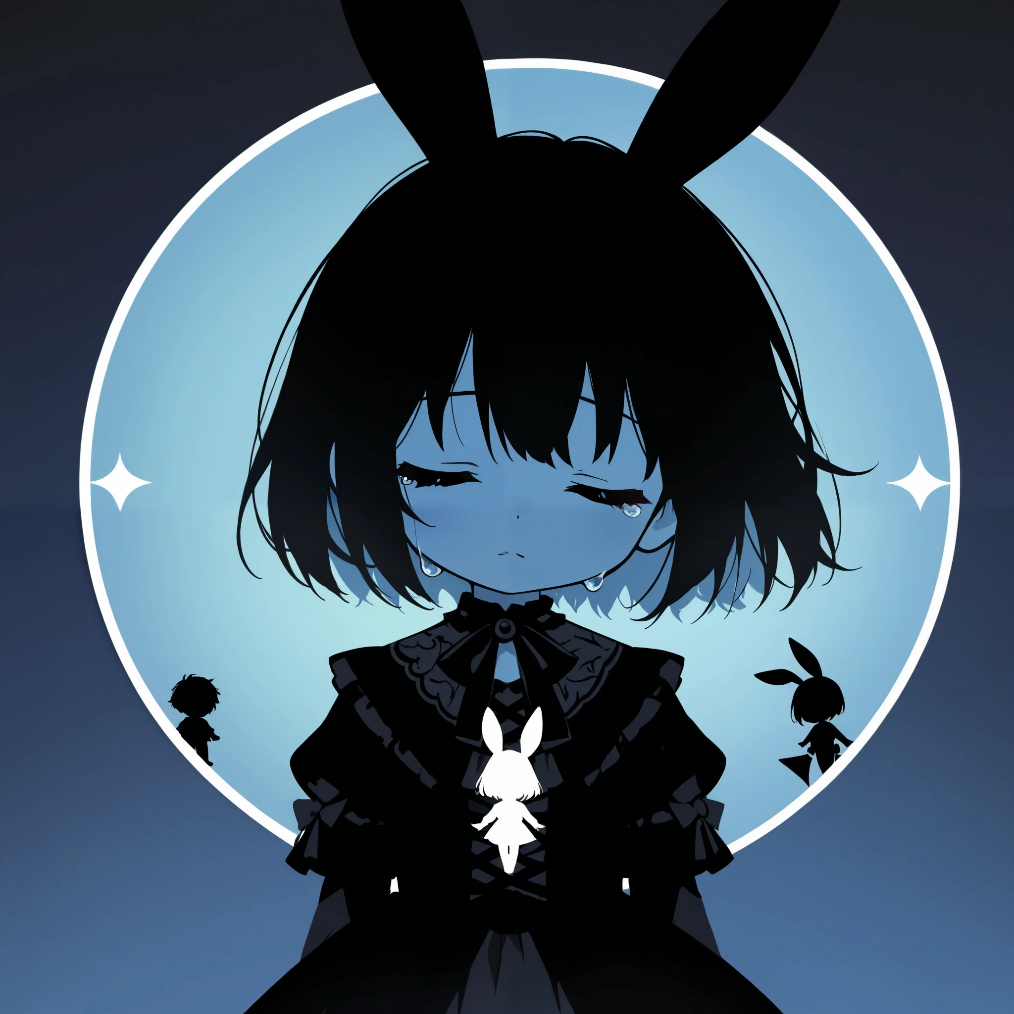 Flat Design, Silhouette Art, best quality, minimalism, simple background, anime style, 1chibi character\(trk,short hair, bunny ears, tears,closed eyes, peaceful expression, round icon shape,[monochrome,dark gothic illustration:Pastel gradation color,dreamy illustration:0.3],\),gentle glow, gradient background, gray and soft blue, focus on silhouette symmetry