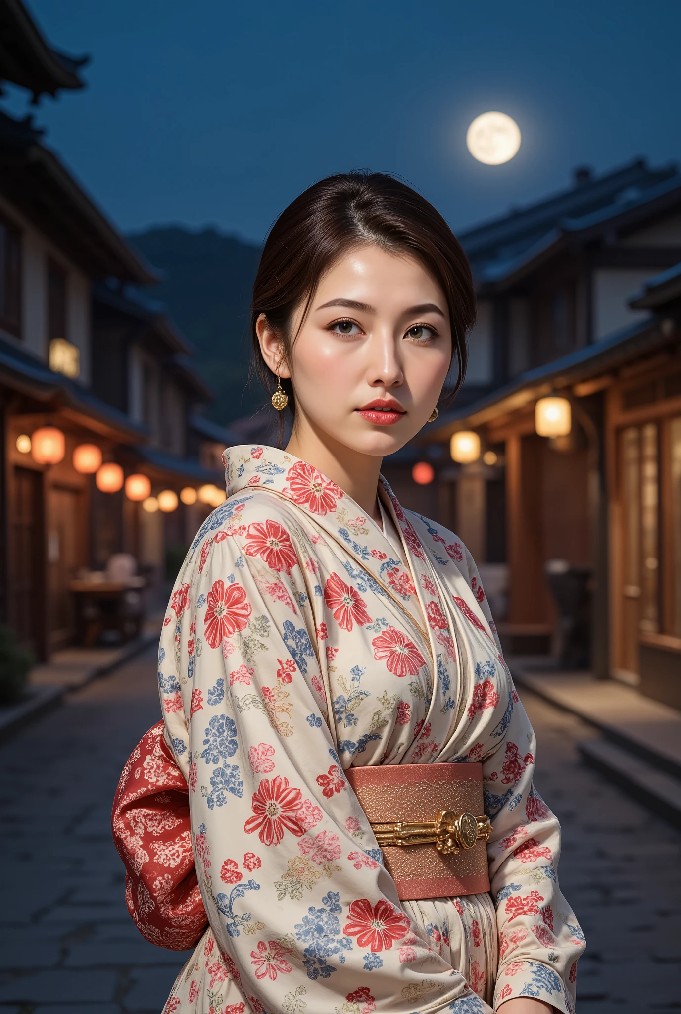 (((full body))), (((full body shot))), best quality, masterpiece, super high resolution, beautiful Japanese girl, Kind Face, green eyes, kind smile, Curvy Body, big boobs, updo brown hair, Japanese female Cloth Outfit, Japanese kimono, (((off shoulders:1.5))), (((bare shoulders:1.5))), In Old Japanese-style street, night:1.2, full moon,