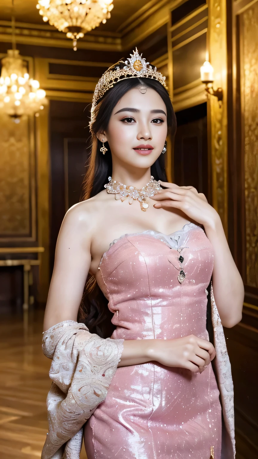 A debutante in a party dress with very full sleeves and in pink., with long, straight black hair, dark almond-shaped eyes, fair skin, kawai