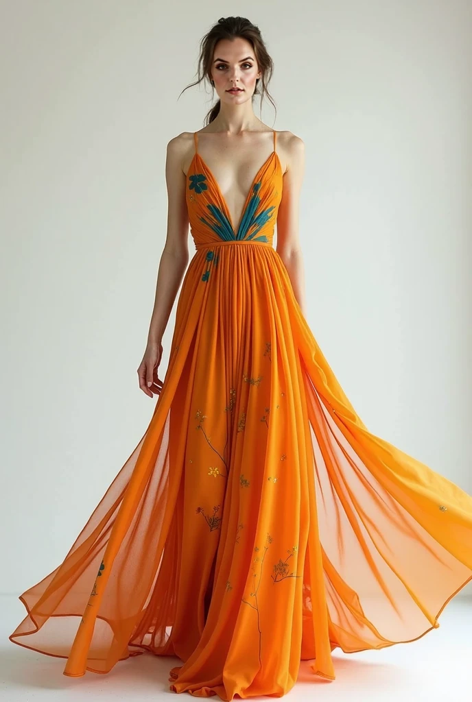 European woman model wearing long open dress in orange color mixed with irregular blue and yellow spot 
