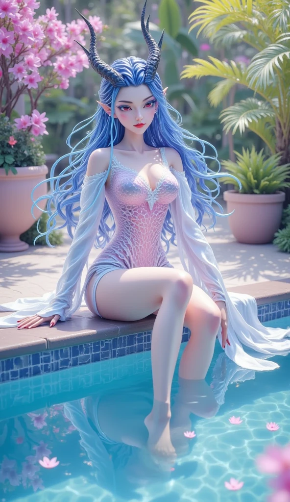 ((knee shot)),（masterpiece、best quality、high resolution），（Colorful background，（splash of color）），sweet girl，Light blue and white medium length hair，[light blue|pink]hair，curls，shiny，红pink的嘴唇，The cracks are relatively large，splash of color，Volumetric lighting，plump breasts, elegant gesture, Sexy slender legs
