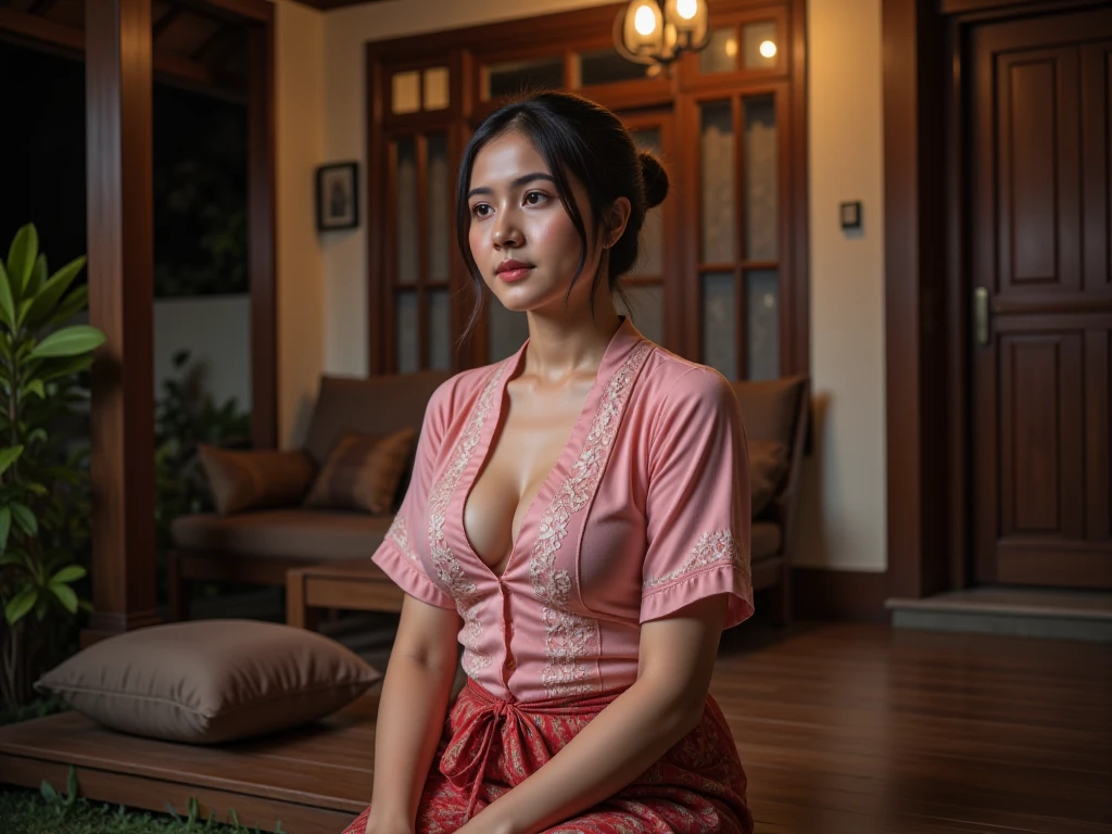 1 Indonesian-belgium girl, 22 years old, updo hairstyle, green cupper hair colour, fit body, big breast, cleavage, skintight purple lace kebaya, batik long skirt, masterpiece, highly detailed, ultra hd, 8k, detailed face, bright eyes, perfect eyes, detailed skin texture, detailed lips, sexy lips, perfect hands, dynamic angle, cowboy shot, background: balinese temple