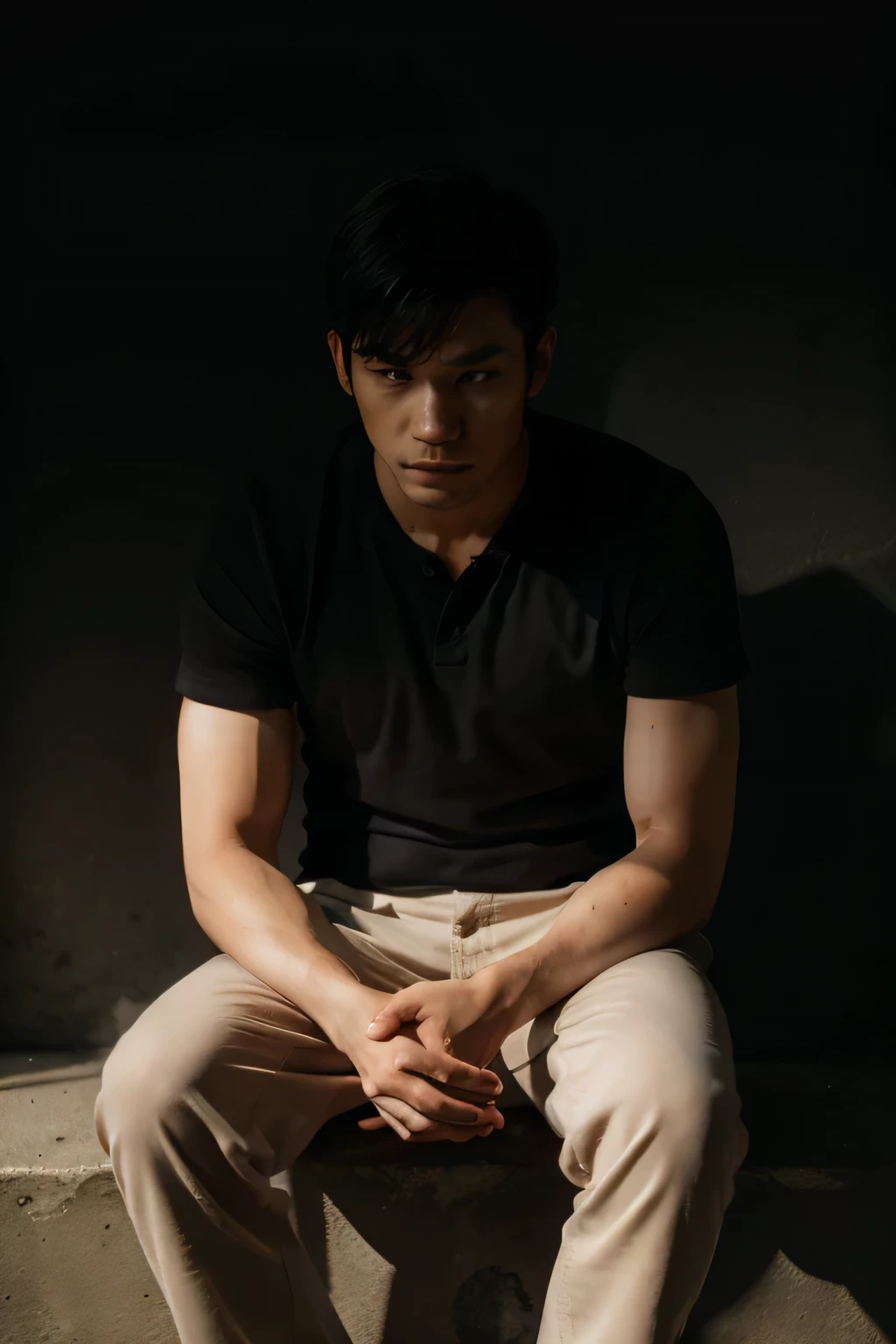 Handsome Japanese man sitting cross-legged with his hands tied behind his back