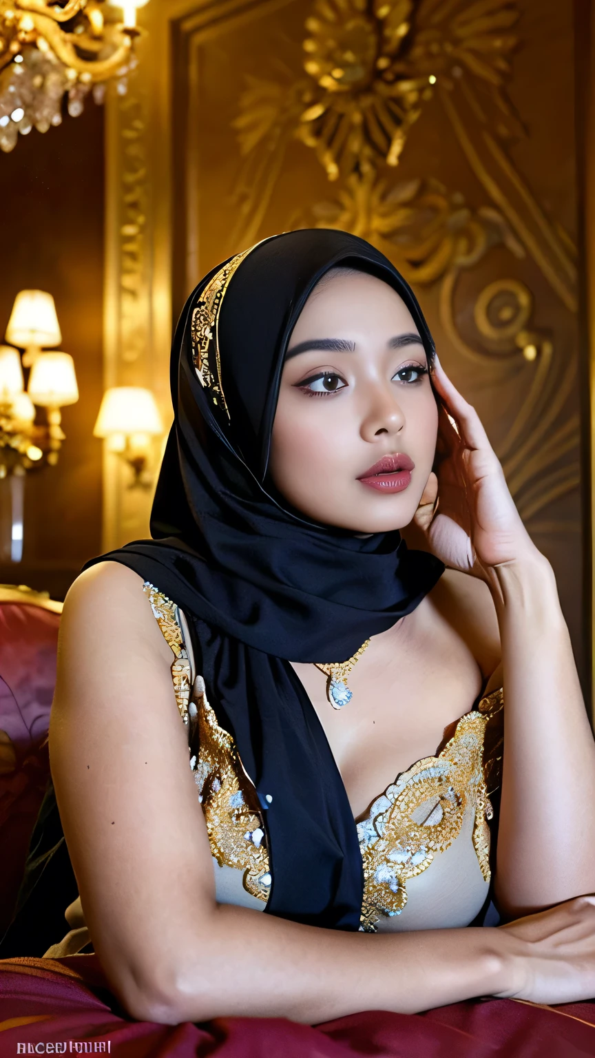 (best quality,4k,highres,masterpiece:1.2),ultra-detailed,realistic:1.37,beautiful and regal Javanese queen with hijab,dark and luxurious palace backdrop,beautiful detailed eyes and face,long eyelashes,voluptuous and curvy figure,exquisite jewelry and accessories,ornate and intricate patterned textiles,dazzling crown and royal attire,golden light illuminating the scene,vibrant and vivid color palette,soft and ethereal lighting,confident and alluring expression,graceful and elegant pose,serene and majestic atmosphere,rich cultural elements and symbols,meticulously captured body contours,subtle and tasteful sensuality,endless attention to every detail,romantic and dreamlike ambiance,artistic interpretation of beauty,stylish and sophisticated composition.