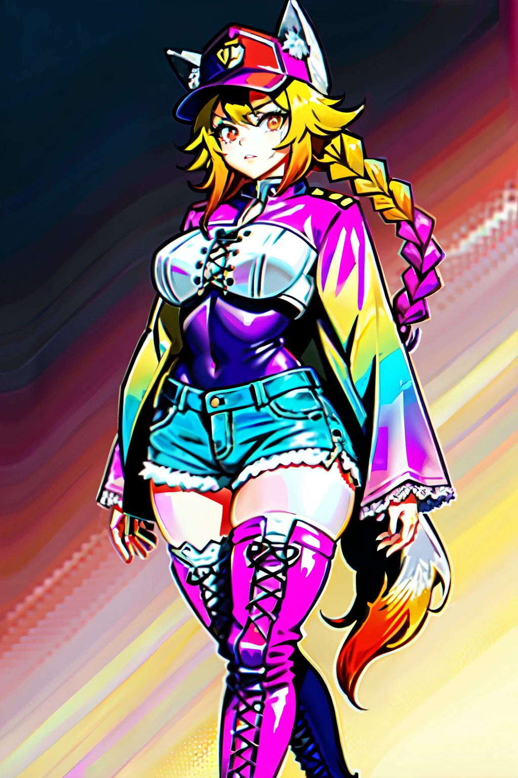 (best quality:2.0), (crisp:2.0), (highres:2.0), (((a rich yellow and pink gradient wolf tail:2.0))), anime, full body:2.0, (single image), (solo beautiful lady:2.0), (masterpiece:2.0), (detailed face:2.0), (detailed eyes:1.4), ((denim shorts:2.0)), ((thick white pantyhose:2.0)), ((purple hunting cap:2.0)), ((purple marching jacket:2.0)), (sci-fi city background:1.8), (((alluring red eyes:2.0))), (((cowboy yellow and pink gradient braid hair:2.0))), ((lace-up thigh-high leather boots:1.4))