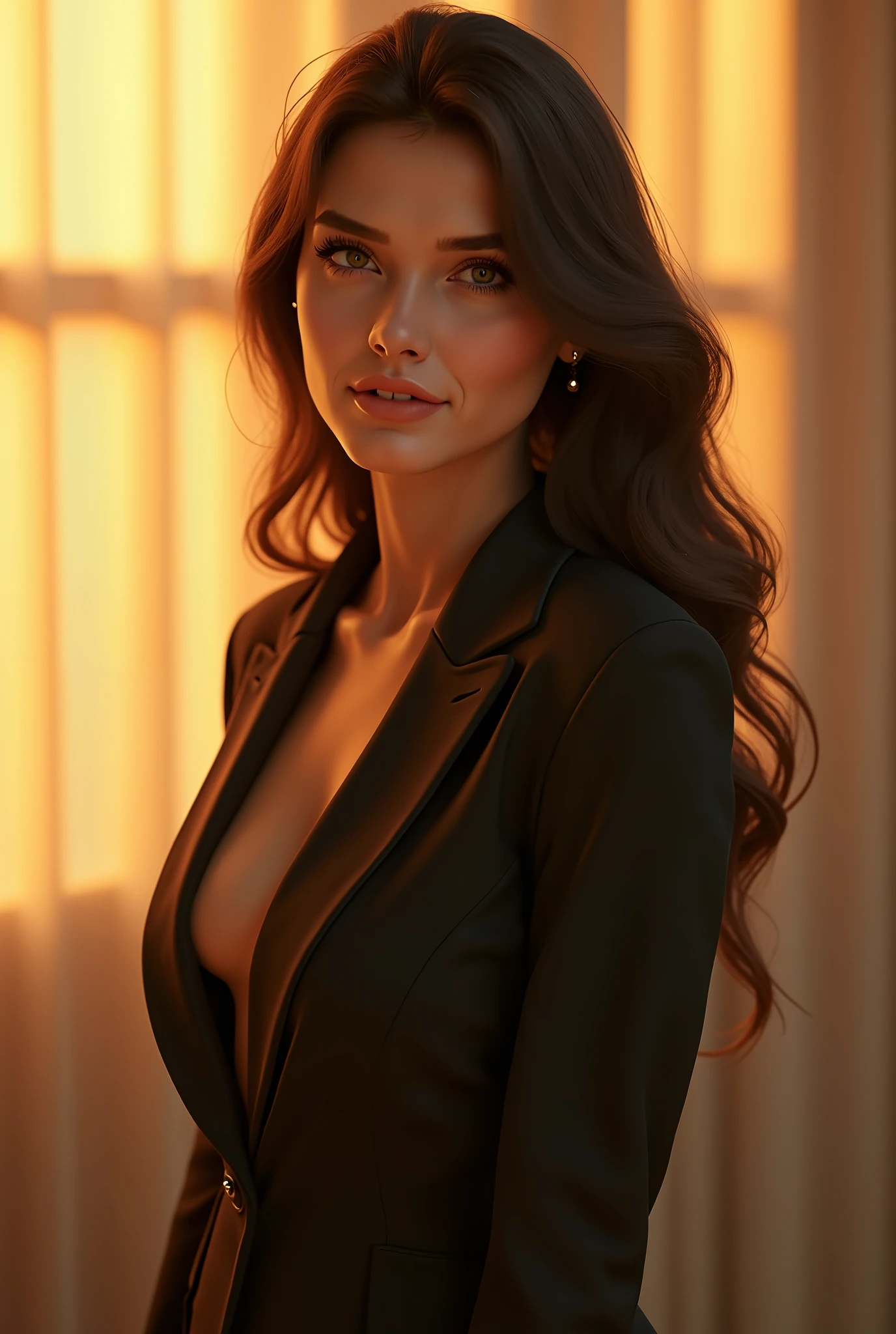 Ultra-realistic a gorgeous woman, perfect body, soft lighting, golden hour, cinematic depth, 8K resolution, ultra detailed skin, natural beauty, volumetric lighting, glowing skin, seductive gaze, Full body shot, perfect body, curvy, seductive gaze, volumetric lighting, Women's suit, Female shirt