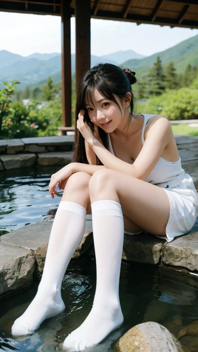 Insanely beautiful 13 year old Japanese seductive woman、small head、long hair、wet sailor suit、Wet baggy white socks、Wet black shoes、Wet dark blue pleated skirt、brook in the forest、wet and taut skin、clean detailed face、gentle smile、view audience、 pretty image、beautiful eyes、Luminous Studioグラフィックエンジン、unreal engine 5、master piece、high quality、high detail、High precision、Gym sitting in the creek、 (((panty shot)))、