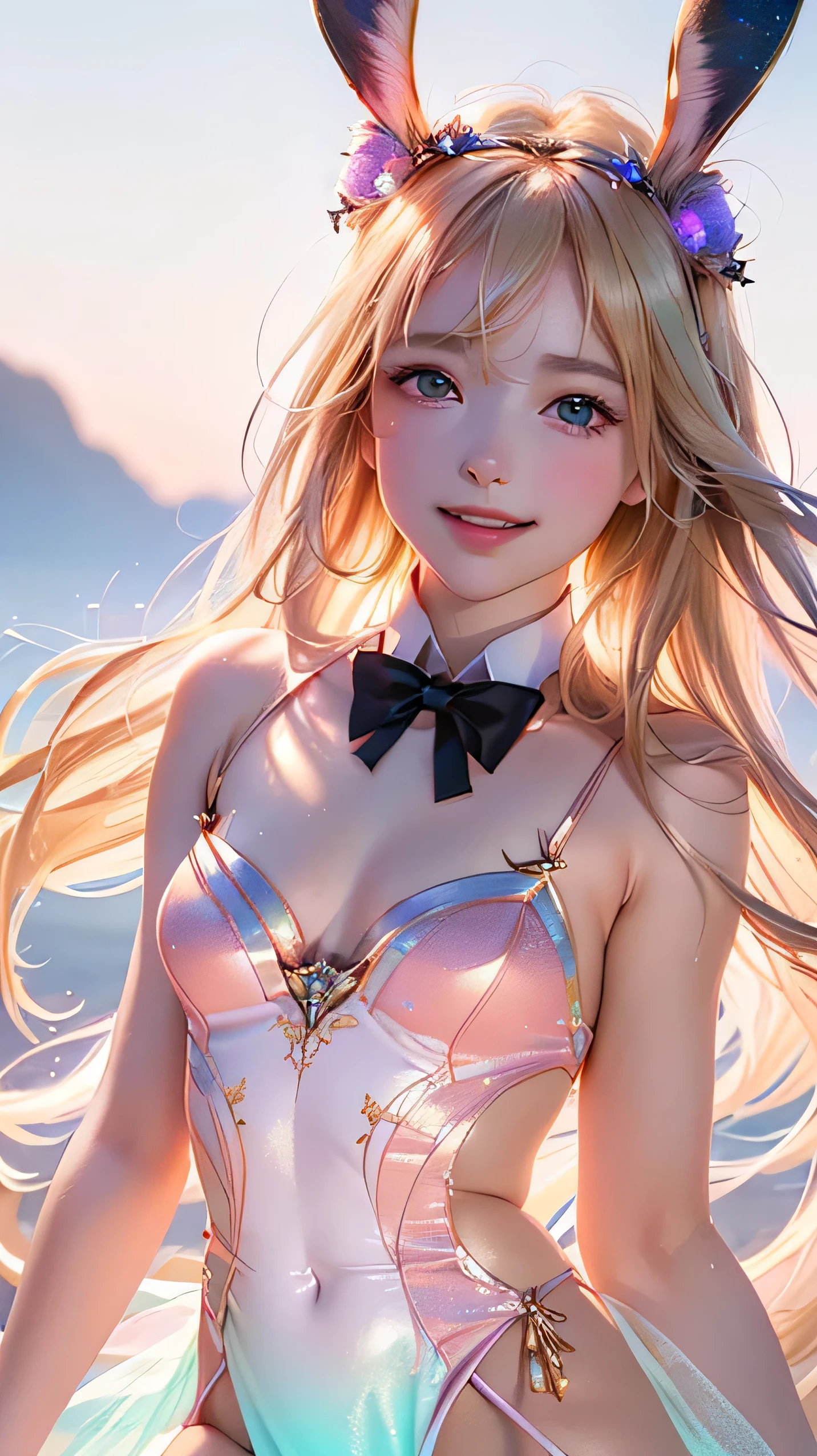 masterpiece, best quality, extremely detailed CG unity 8k wallpaper,((Upper Body)) ,((Upper Body head close-up shot of a beautiful )), , Elegant Long straight blonde hair, (Mckenna Grace), ((flat chest,thighs,Autoluminescence Black skin)), (pink-green) golden (Glittering tutu,long Bunny Ear Headgear, , Bow-tie, No panties, genitals visible), ((spread legs)),(), (Blush), , (seductive smile), (Starry sky), pretty face, key art, award winning, intricate detail realism hdr, by (ruan jia and artgerm and range murata), Photorealism, Hyperrealism, ultra realistic, dramatic light, intense shadows, gorgeous view, depth of field