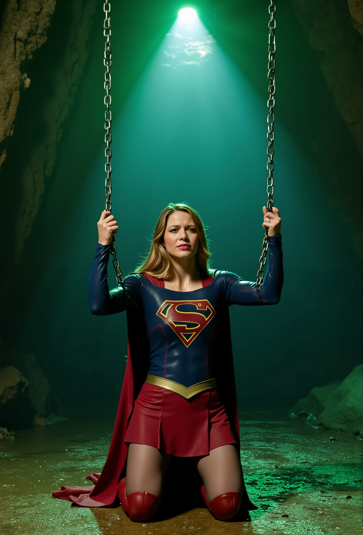 Melissa Benoist as Supergirl, the Supergirl is kneeling and her hands is hanging over her head with chain, she is hanging her wrists to the ceiling with a green lighting chain, chains tied her wrists with ceiling, she is unconscious, eyes close, She is wearing a Supergirl costume with red skirt, pantyhose and red knee height boots, her condition is tired, tattered clothes, screaming in pain, bright spotlight focus to her body, in the cave,