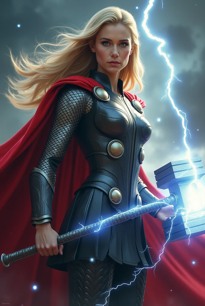 1girl, (((solo))), a young Caucasian woman wearing the uniform of Thor from the Marvel Cinematic Universe (adapted to the female body). Long red cover. Detail beautiful face, flushed cheeks, freckles on the cheeks and above the nose, red mouth, blue eye makeup. Detail blue eyes. Their hair is long and straight red ((((ponytail))). Detail proud expression. Depicting full body in an imposing pose wielding his hammer (Mjolnir, from the movie Thor). In the background a dark scenery with many lightning strikes. Cinematic lighting. Hyperrealistic, highly detailed, superior quality, masterpiece, high resolution, 8K.