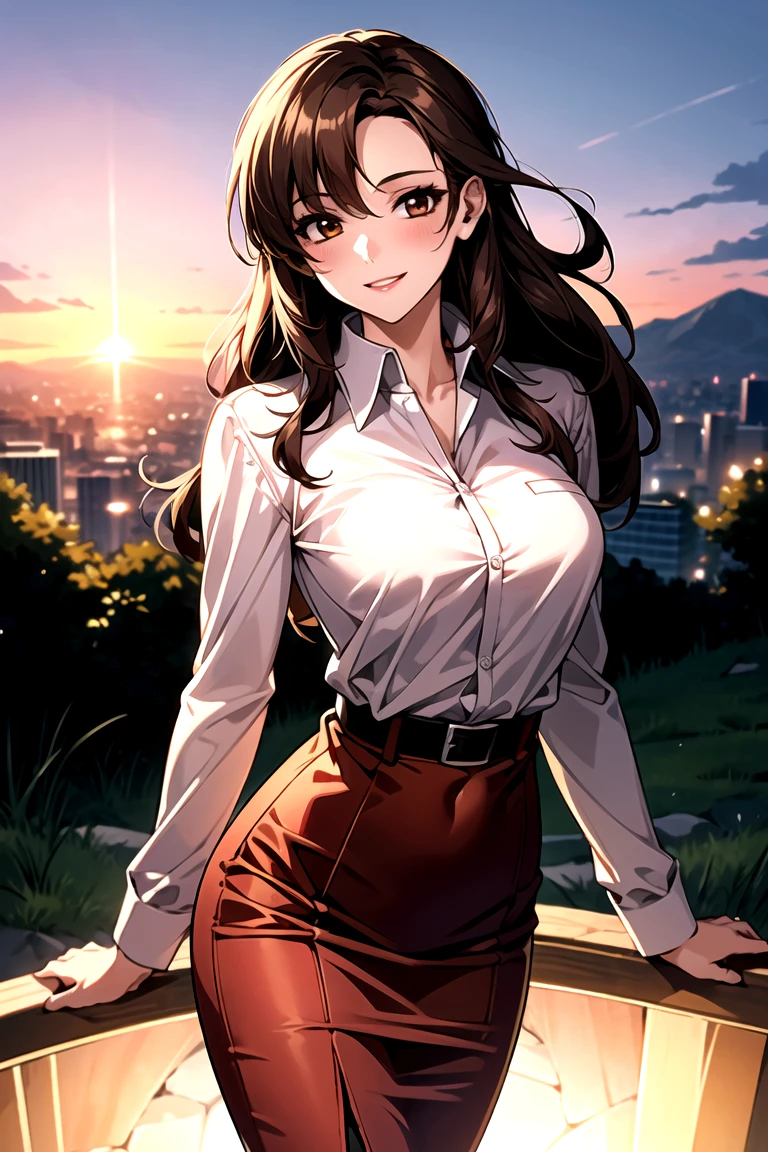 （（super high quality,Ultra-high resolution,16K,super masterpiece,Ultra HD ,Detailed shading,））On top of a hill lit by the setting sun,Sexy Mature,（（A pink shirt with a tight standing collar,Cleavage,））Folded long sleeves,Red pencil skirt,Looking into the camera,Brown medium long hair,A kind smile,blush,Thick lips,