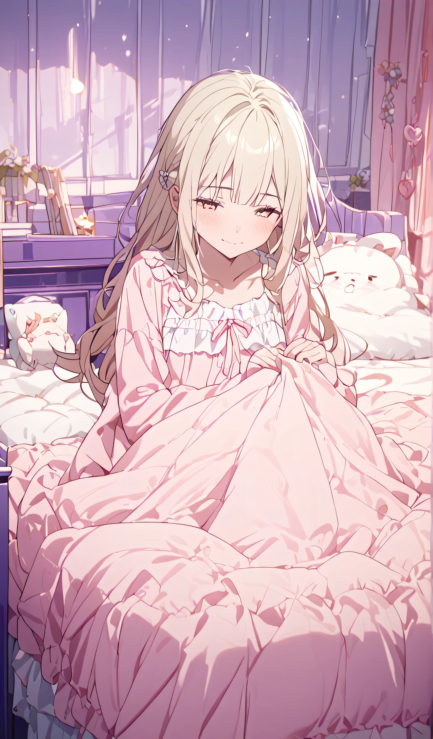 One Girl 、 Gentle expression 、long golden hair unraveled、 comfortable pajamas 、 lying body position curled 、 Soft blanket 、 small tits 、Charm cheeks and a good smile 、 dreamy atmosphere、
break、
Soft moonlight 、( dim lighting:1.2)、 cold tones 、 soft shadows 、 Fantastic light 、 peaceful environment 、 feeling of calm 、
break、
Comfortable bedroom 、 Soft pillow 、warm colors 、 nightstand with book 、 The breeze through the window 、Quiet night 、absurdres, highres , ultra detail , beautiful , masterpiece , best quality , full bed,