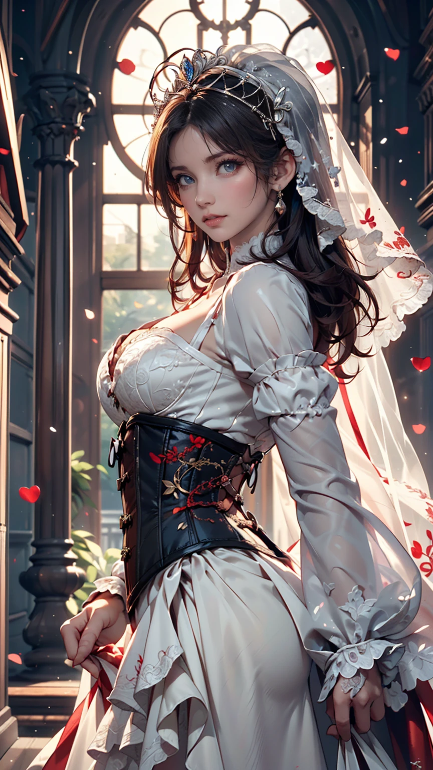 ((Highly detailed CG Unity 8k wallpaper)), masterpiece, Super detailed, floating, High resolution, Sexually suggestive, (small, Extremely long white hair, Princess, White Mage, blue eyes, (It has long, wide sleeves and intricate embroidery.、A gorgeous layered long dress in white and red with a sheer look), Bridal Veil, Circlet, Bridal Gauntlet, Blushing, shy, arched back, Frilled petticoat, Glamorous corset,Sexy proportions、Sexy、A mask used at masquerade balls that covers only the eyes、Bright red lipstick、Bewitching Smile