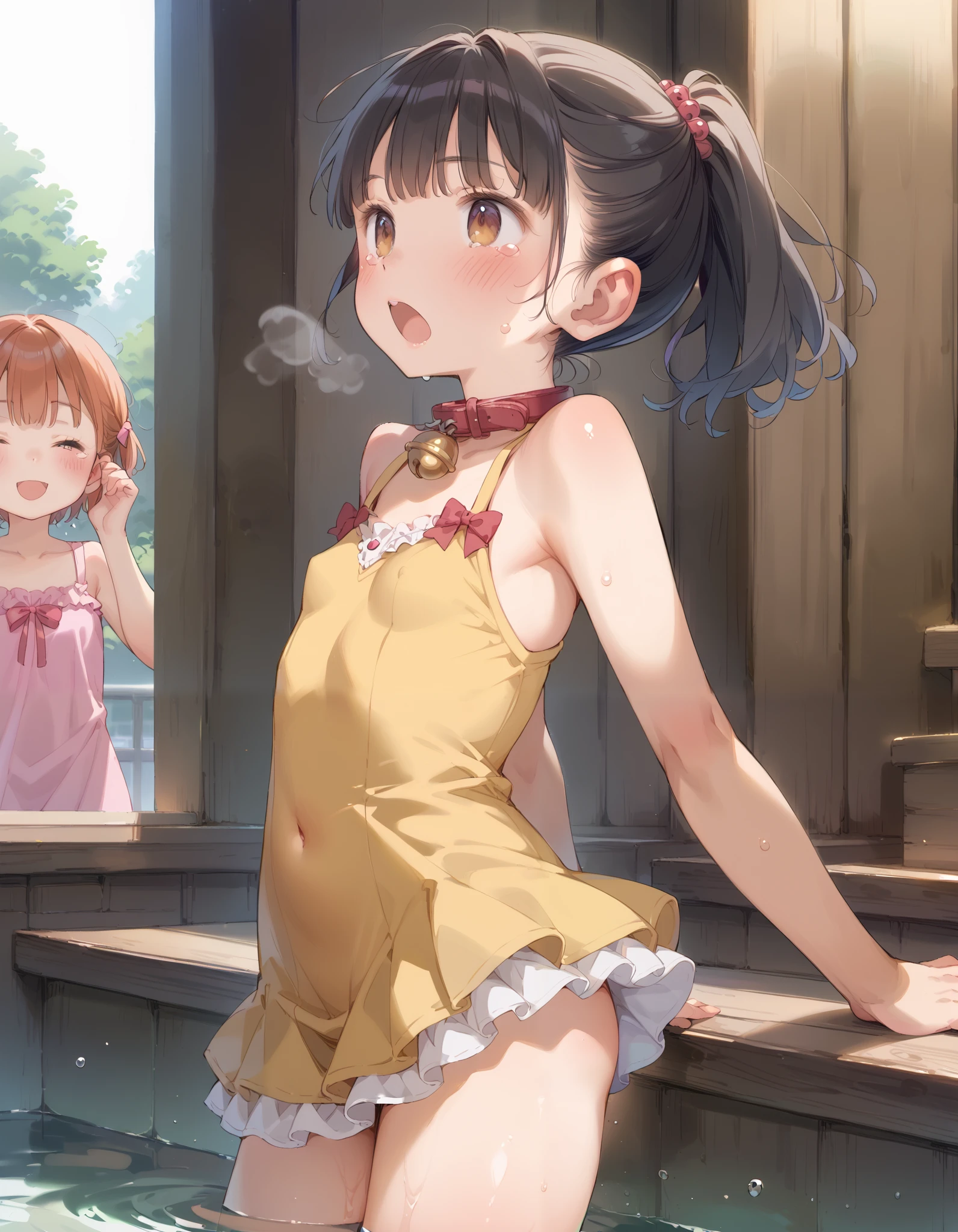 score_10, score_9, score_8_ up the side , score_7_ up the side , source_Anime, high resolution images , Masterpiece , top quality with full nudity behind, ginger、Collar with bells 、 2 girls fighting back、 , 、 hot tub、Young Face、 young body、 cute face、 golden eyes、 black hair、 ponytail on panty、 shortcut 、 Tiny Breasts 、 Small Boobs、 wild expression、 Teary-eyed、 makes me blush、( is shaking)、 Tearful Eyes 、 white skin、 shiny hair , shiny skin、Sweaty skin、 wet skin、 standing hand in hand at church、Girl in Love、Looking up the side、 open your mouth wide 、 stick out your tongue、 White Breath 、 rough breathing、、 standing hand in hand in the clubhouse、 party dress 、 frill dress、 thin legs 、Thin arms、cute ass
yellow dress 、 from behind 、 turn around