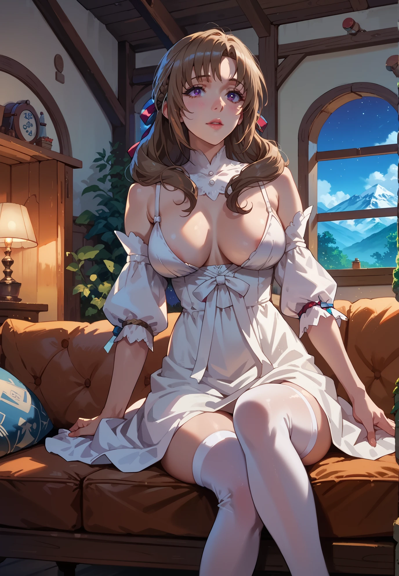 1girl, Mamako oosuki, sitting on a couch, sexy dress, white stockings, naturally sagging breasts, sexy pose, lustful, BREAK, night time, mountain cottage, cinematic lighting,
