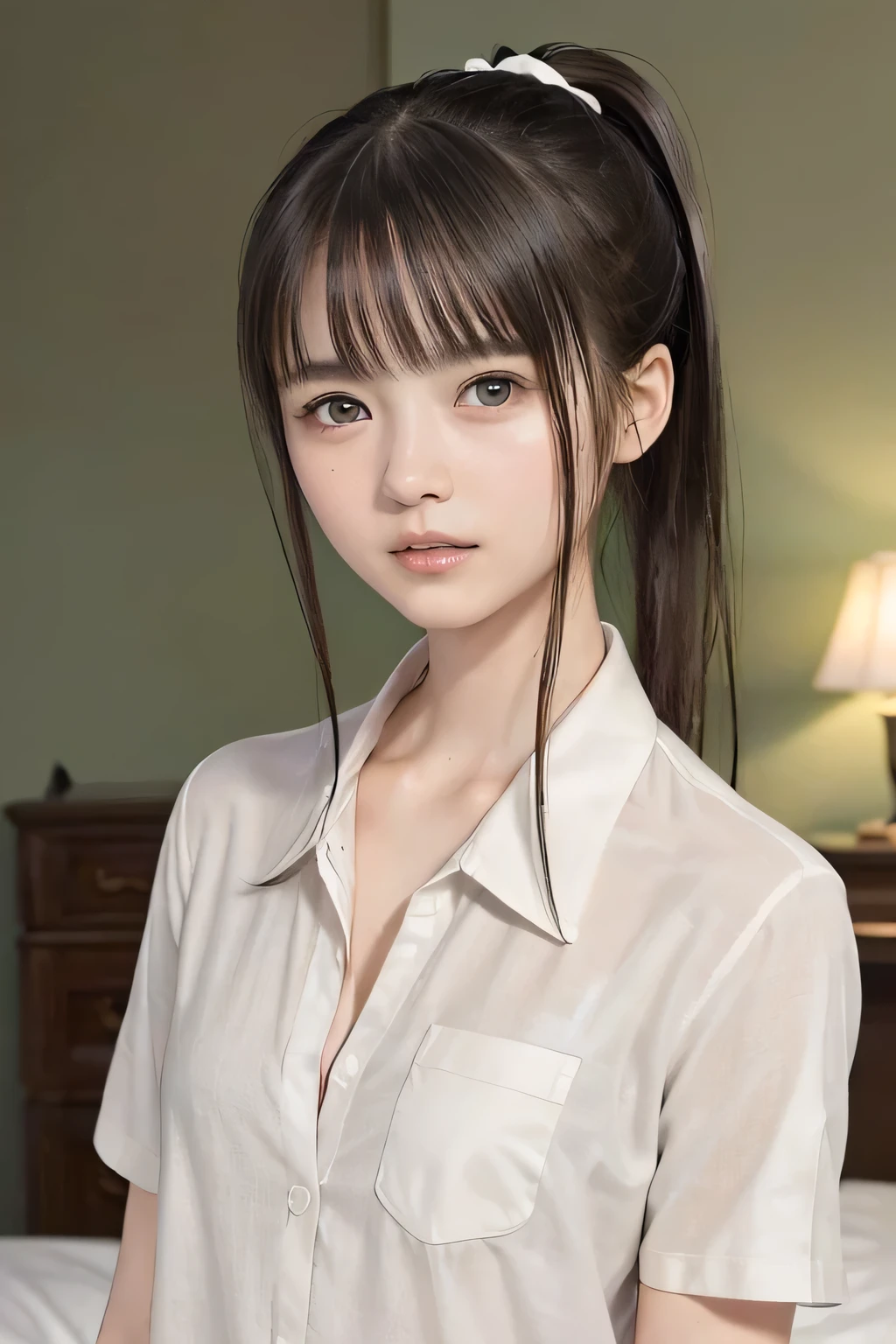 (8k,  RAW photo,  photorealistic:1.25), (looking at viewer, Messy, disheveled wet Hair, wet short ponytail hair:1.8), (lip gloss,  eyelashes, Shiny surface, Glossy Skin,  best quality, ultra highres,  allows depth of field, Color Difference ,  caustics,  blow lighting , Natural Shading,  kpop idol), (cleavage, flat chest, naked white shirt, nude, short sleeve shirt, Unbuttoned shirt:1.7), crying, tears, tearing, sadness, (dark background, indoor, double bed, dark small bedroom, night view:1.4)