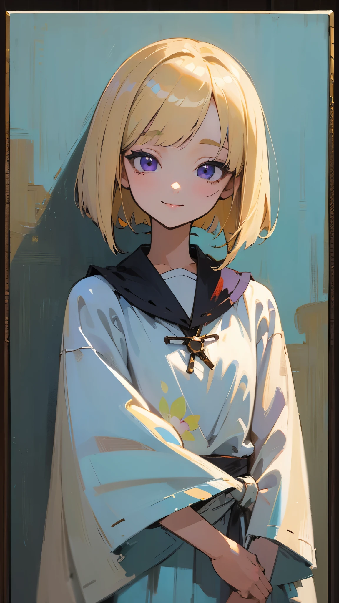(( Masterpiece))、(( top quality))、( super detailed)、( pro pics)、(Anime-style paintings:1.3)、 girl、 standing、poncho、 blonde、 no bangs 、 bob cut、 straight hair、 purple eyes、Droopy eyes、smile、 upper body close-up