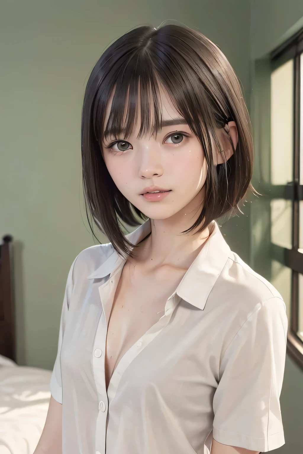 (1 nogizaka girl,raw photo,photo realistic:1.5),(best quality, high quality,HDR, highest quality,ultra high resolution,high resolution,high res,ultra high difinition,huge file size,8K,2K wallpaper,8K wallpaper,high quality texture,amazing,an extremely delicate:1.4),one girl, Japanese famous idol,beautiful face,small face,absurd,ridiculous,incredibly ridiculous,portrait,breasts close up,blurry background,(school uniform,cleavage,no makeup:1.2),(six_heads tall),medium skin,beautiful skin,detailed skin,six heads tall,black hair,silky hair,(Japanese eyes:1.3),detailed eyes,black eyes,Japanese idol eyes,triangle eyes,Japanese nose,5-fingers,(Light Particles, Lens Flare, Luminous Particles: 0.7),looking at viewer,bright lighting,professional lighting,girl