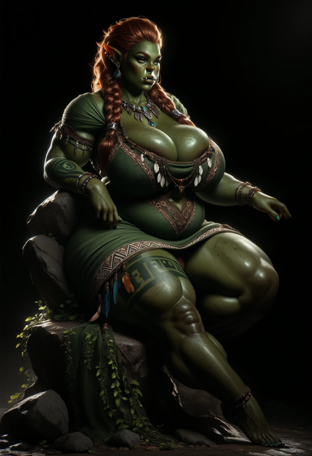 (masterpiece), (high quality), crazy details, Character Design Sheet , young orc woman, female orc, green skin, chubby, overweight, fearsome, dirty skin and hair, wearing dirty linen dress, big breast, curvy body, character reference sheet, character turn around, different poses and expressions, shewoworc
