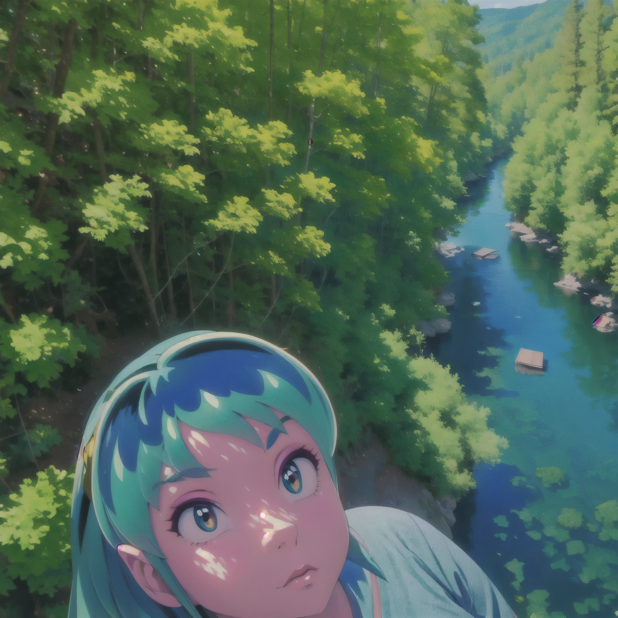 (masterpiece, best quality:1.2), 1girl, solo, Urusei Yatsura flying in the sky looking at viewer. She flies over valley and river. High detailed trees. (Best quality, 8k, High Resolution, Masterpiece:1.2), ultra-detailed, (realistic, photorealistic, photo-realistic:1.37), ((Best quality)), ((Masterpiece)), (detailed), looking up from the bottom, (wide angle), (top_view_perspective:1.3), [photographing from above, high angle shot, realistic view from above, (Overhead view:1.20), top view, looking up from the bottom, (wide angle), (top_view_perspective:1.3)]