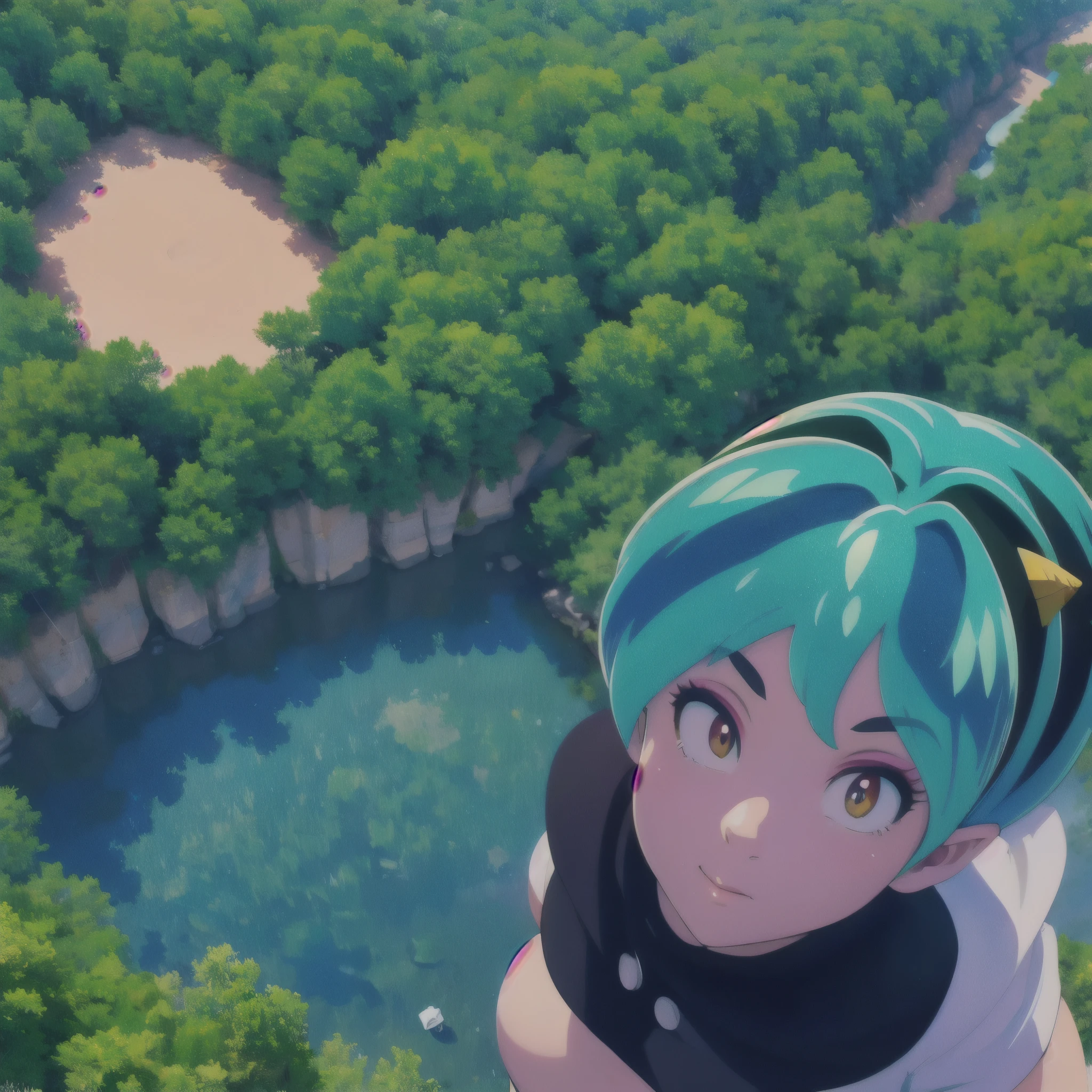 (masterpiece, best quality:1.2), 1girl, solo, Urusei Yatsura flying in the sky looking at viewer. She flies over valley and river. High detailed trees. (Best quality, 8k, High Resolution, Masterpiece:1.2), ultra-detailed, (realistic, photorealistic, photo-realistic:1.37), ((Best quality)), ((Masterpiece)), (detailed), looking up from the bottom, (wide angle), (top_view_perspective:1.3), [photographing from above, high angle shot, realistic view from above, (Overhead view:1.20), top view, looking up from the bottom, (wide angle), (top_view_perspective:1.3)]