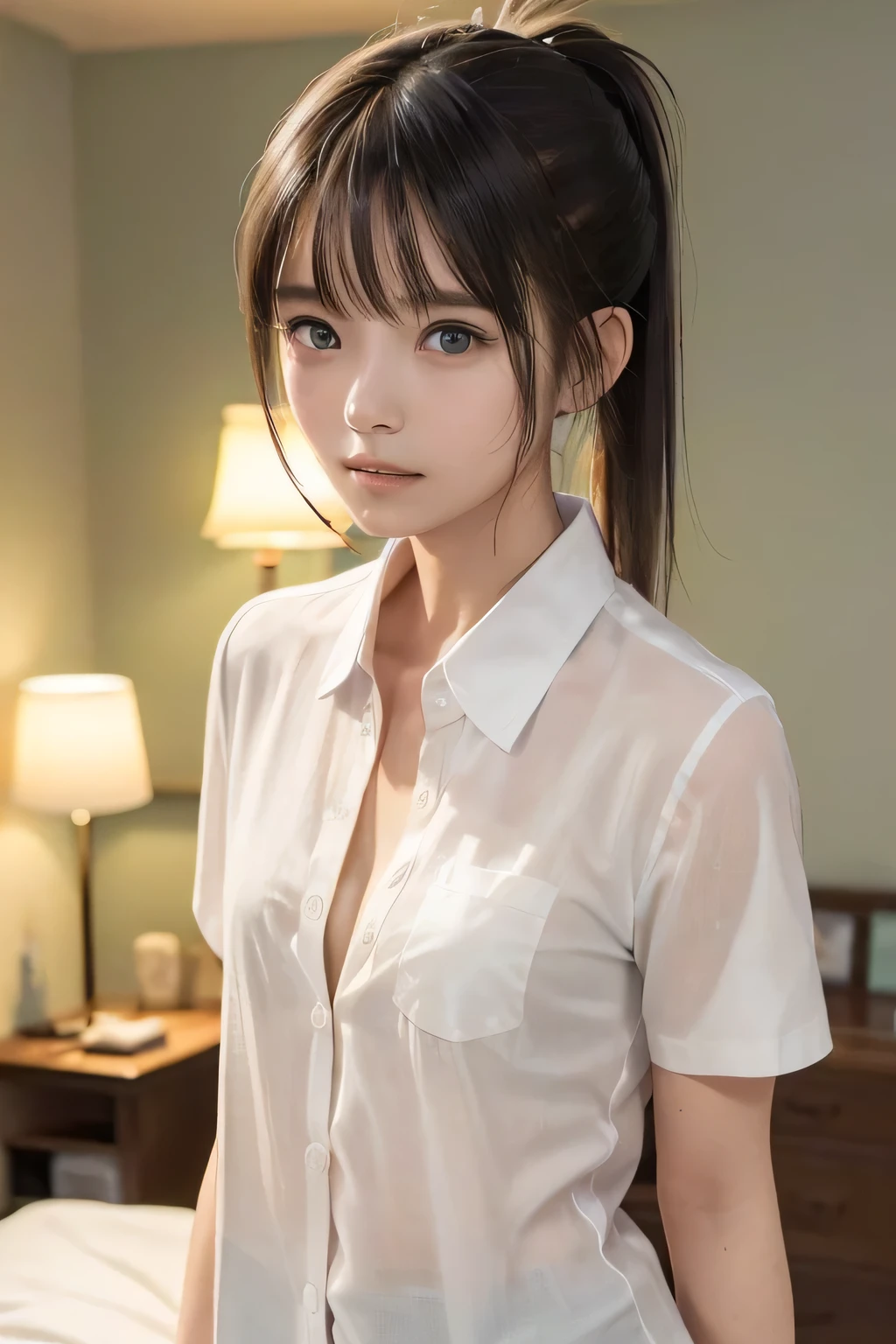 (8k, RAW photo, photorealistic:1.25), (looking at viewer, Messy, disheveled wet Hair, wet short ponytail hair:1.8), (lip gloss, eyelashes, Shiny surface, Glossy Skin, best quality, ultra highres, allows depth of field, Color Difference , caustics, blow lighting , Natural Shading, kpop idol), (cleavage, flat chest, naked white shirt, nude, short sleeve shirt, Unbuttoned shirt:1.7), crying, tears, tearing, sadness, (dark background, indoor, double bed, dark small bedroom, night view:1.4)