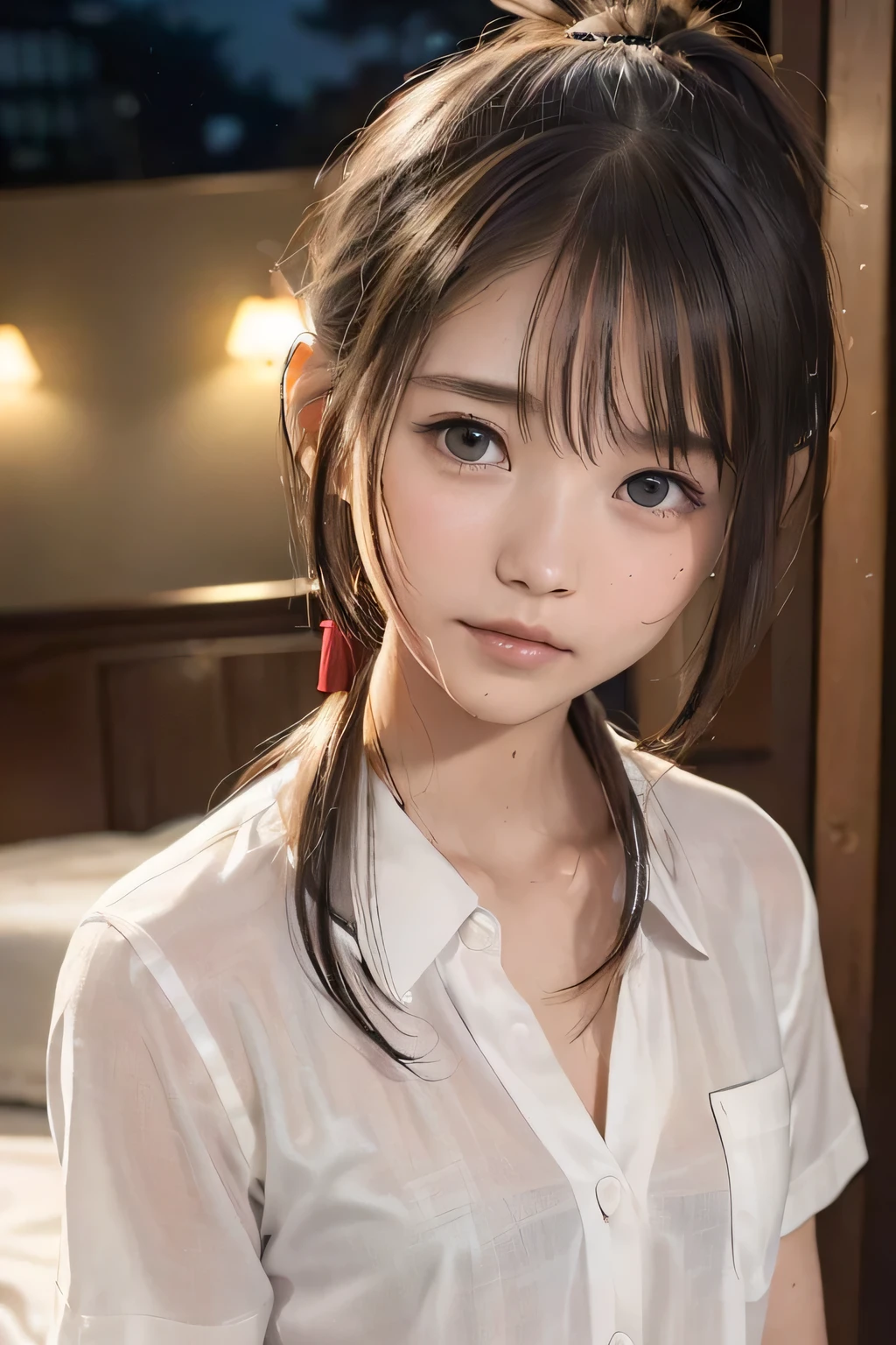 (8k, RAW photo, photorealistic:1.25), (looking at viewer, Messy, disheveled wet Hair, wet short ponytail hair:1.8), (lip gloss, eyelashes, Shiny surface, Glossy Skin, best quality, ultra highres, allows depth of field, Color Difference , caustics, blow lighting , Natural Shading, kpop idol), (cleavage, flat chest, naked white shirt, nude, short sleeve shirt, Unbuttoned shirt:1.7), crying, tears, tearing, sadness, (dark background, indoor, double bed, dark small bedroom, night view:1.4)