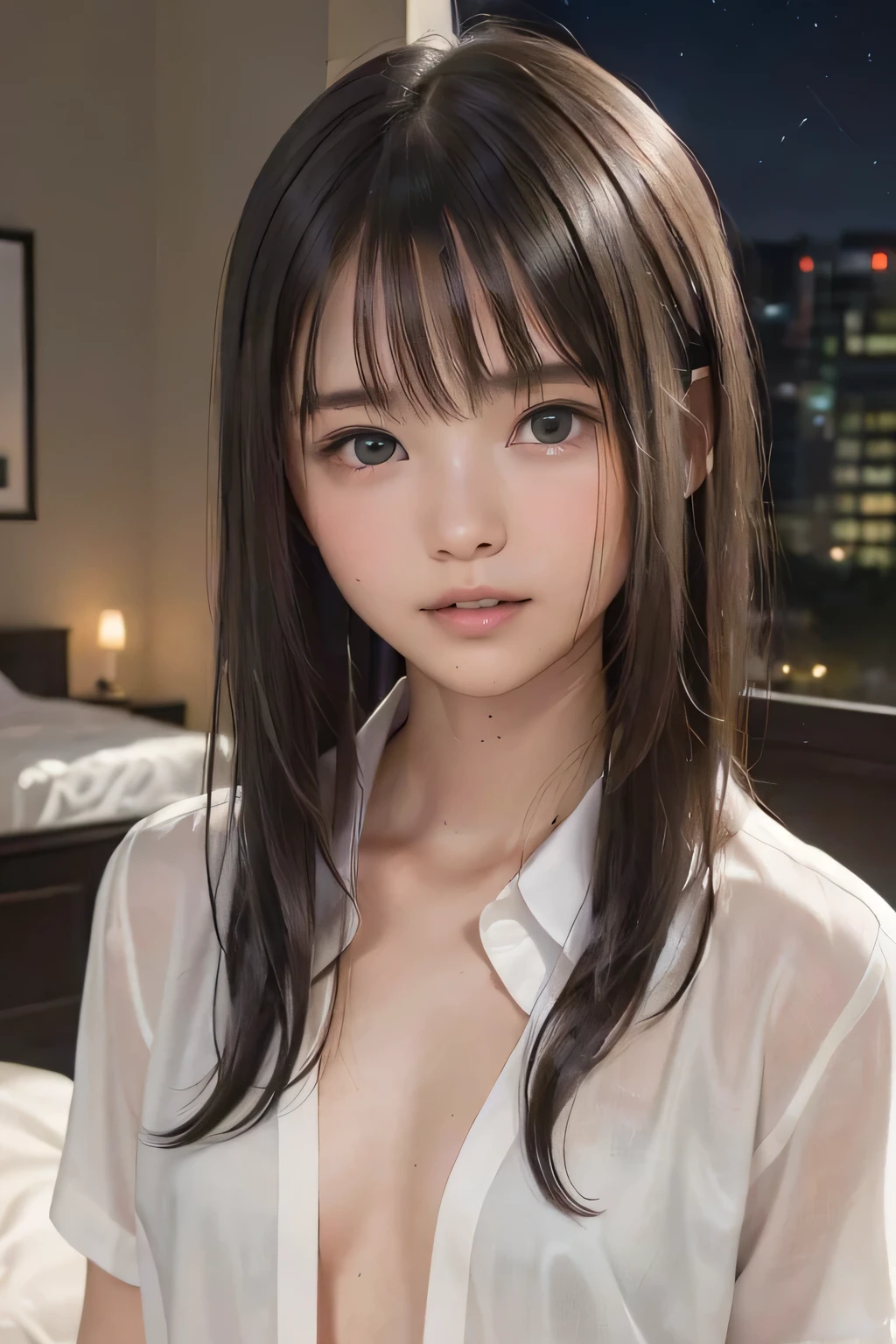 (8k, RAW photo, photorealistic:1.25), (looking at viewer, Messy, disheveled wet Hair, wet short hair:1.8), (lip gloss, eyelashes, Shiny surface, Glossy Skin, best quality, ultra highres, allows depth of field, Color Difference , caustics, blow lighting , Natural Shading, kpop idol), (cleavage, flat chest, naked white shirt, nude, short sleeve shirt, Unbuttoned shirt:1.7), crying, tears, tearing, sadness, (dark background, indoor, double bed, dark small bedroom, night view:1.4)