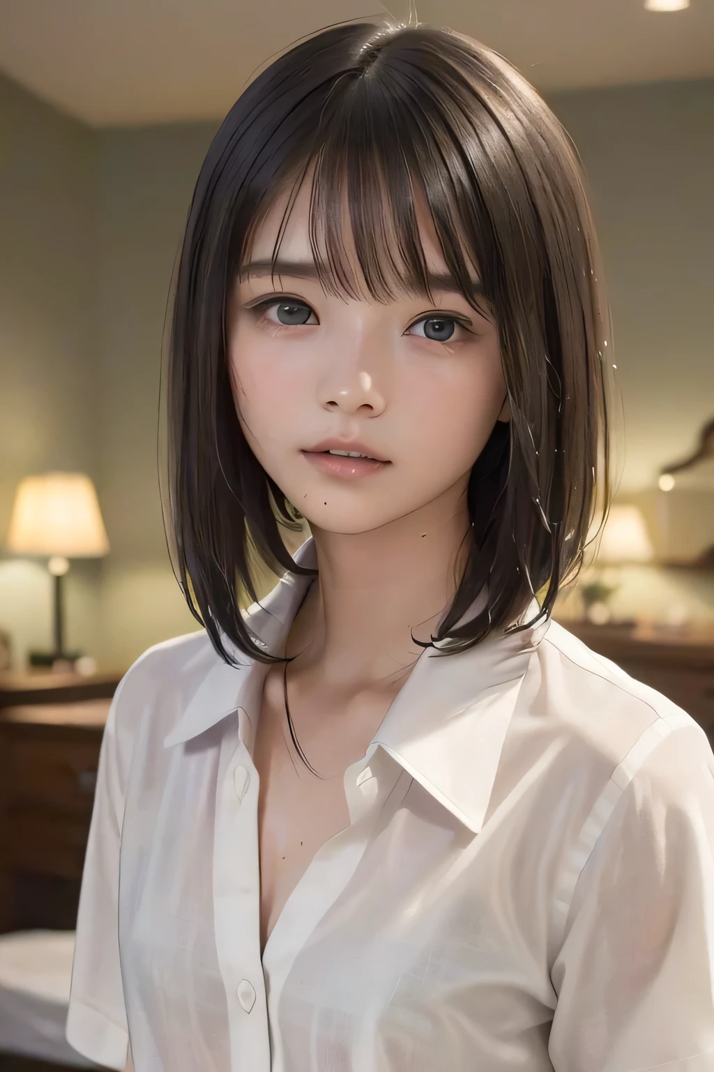 (8k,  RAW photo,  photorealistic:1.25), (looking at viewer, Messy, disheveled wet Hair, wet short hair:1.8), (lip gloss,  eyelashes, Shiny surface, Glossy Skin,  best quality, ultra highres,  allows depth of field, Color Difference ,  caustics,  blow lighting , Natural Shading,  kpop idol), (cleavage, flat chest, naked white shirt, nude, short sleeve shirt, Unbuttoned shirt:1.7), crying, tears, tearing, sadness, (dark background, indoor, double bed, dark small bedroom, night view:1.4)
