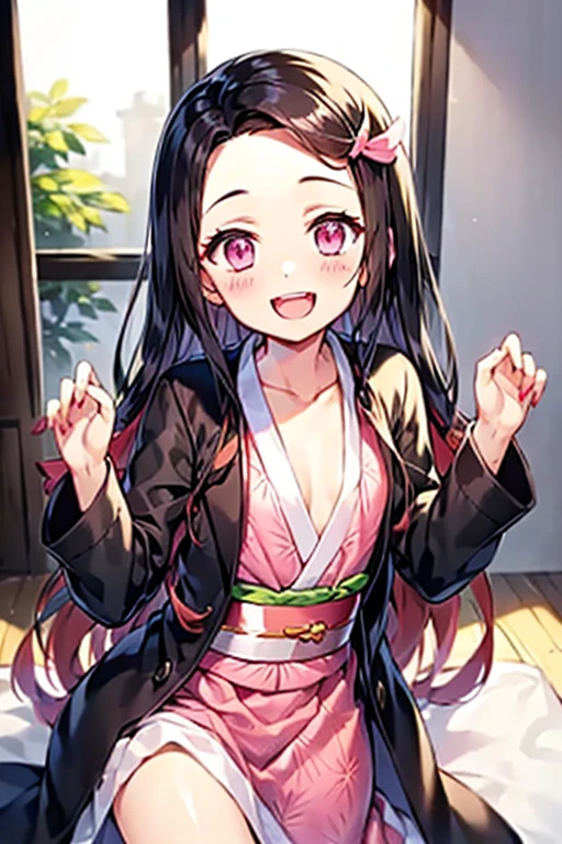 (((nezuko kamado_kimetsu no yaiba))), Leaning forward, kimono, Japanese-style room, kimonoがはだける, (I can see your chest), smile, Happy, bamboo