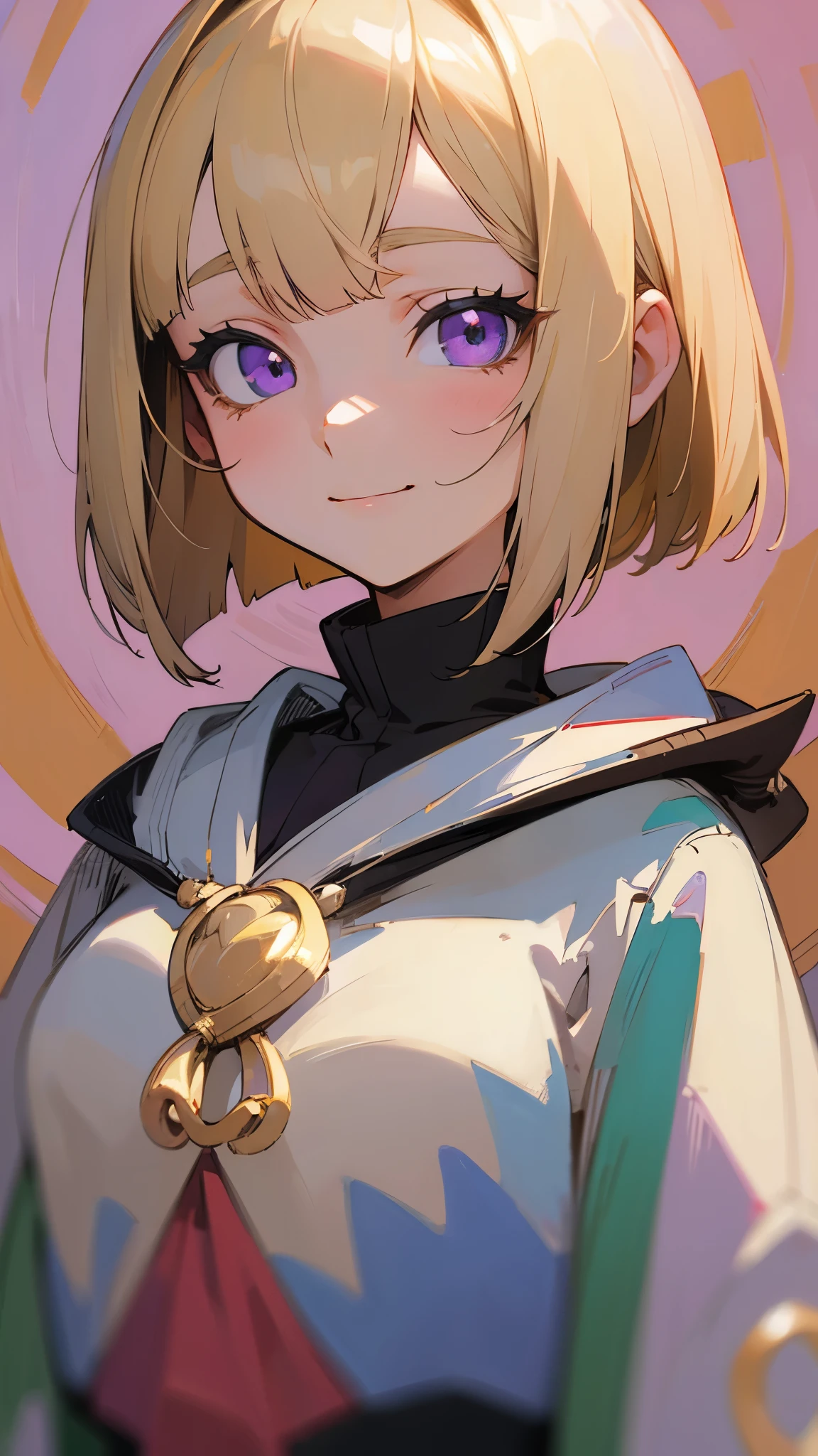 (( Masterpiece))、(( top quality))、( super detailed)、( pro pics)、(Anime-style paintings:1.3)、 girl、 standing、poncho、 blonde、 no bangs 、 bob cut、 straight hair、 purple eyes、Droopy eyes、 evil smile、 upper body close-up