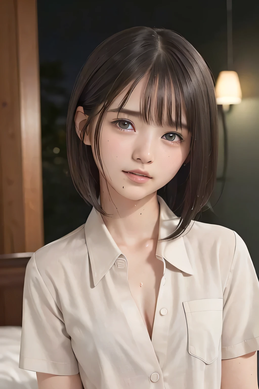 Photorealistic、highest quality、Highest quality、masterpiece、Ultra-high resolution、Raw photo、Realistic、Bright lighting、Face Light、Smooth Professional Lighting、Looking at the camera、alone、Adult women、Beautiful woman、Super Beauty、Realistic肌、Moisturized Skin、Realistic eyes and faces、Perfect model body shape、Beautiful Eyes、Big eyes、Inconspicuous tear bags、slim、Big Breasts、No bra、Beautiful fingers、Very short hair、Dark black hair、dark black eyes、seems to be happy、Cowboy Shot、(Both ears are hidden in the hair)、 (Nurse uniform)))、At the hospital