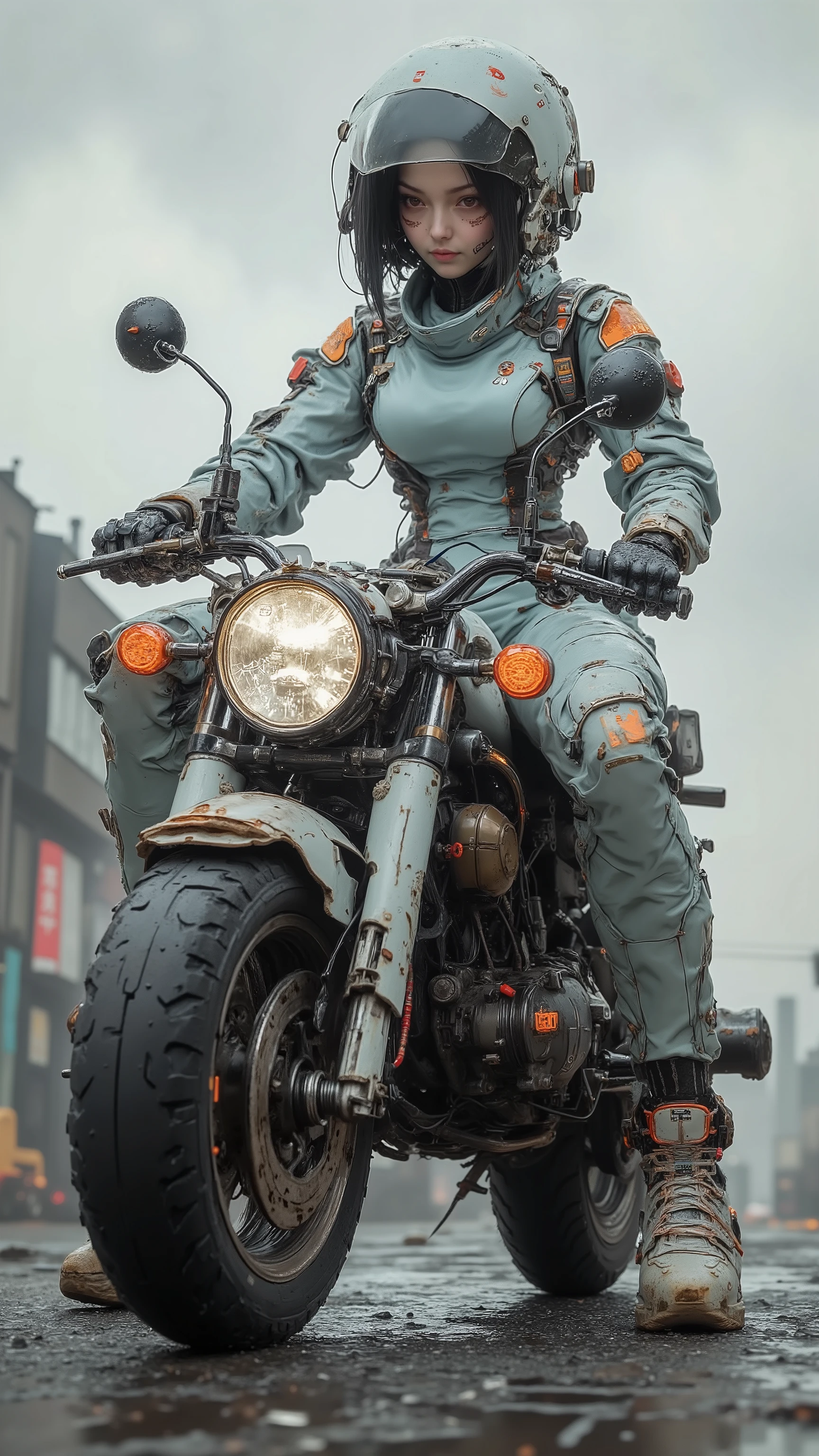  live action 、Genuine、modified chopper scooter bike、Changes to off-road tires 、 rocket engines on both sides、Futuristic Parts 、 beautiful Japanese female pilot 、 light blue and orange pilot suits 、 high-top technology sneakers、  black hair、 shortcut 、 anatomically correct、