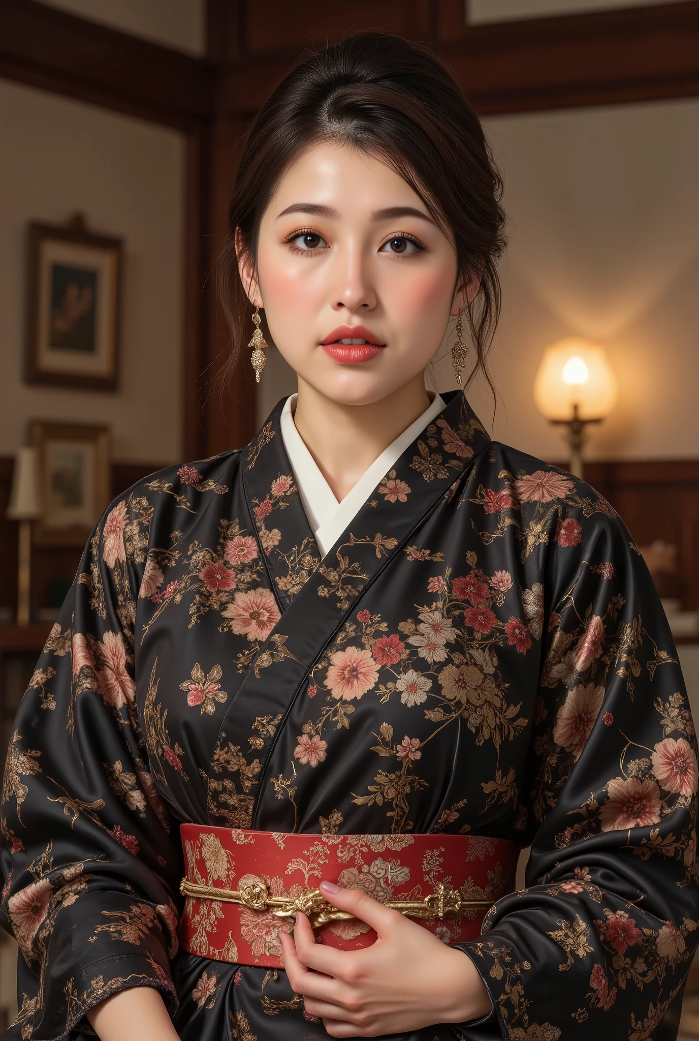  top quality,  Masterpiece, Ultra high definition  ,  excessive semen dripping from mouth , Kind Face,  brown eyes,  kind smile,  curvy body,  big boobs,  Up Hair Brown,  Japanese Style Women's Cloth Outfit ,  Japanese kimono, in an old-fashioned room,   night :1.2,