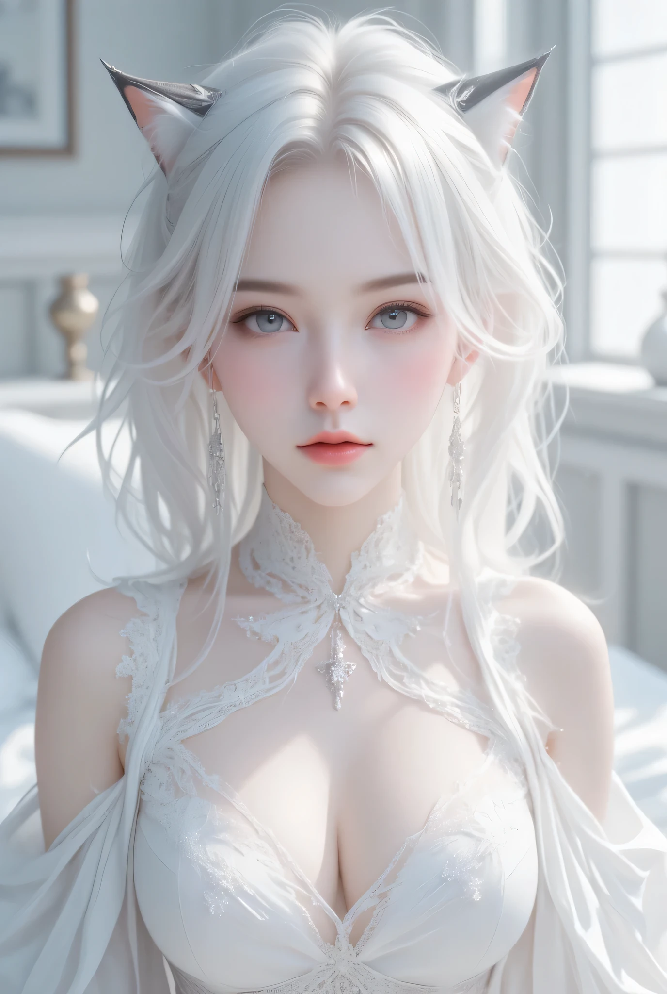 Wide angle view, White hair, Black cat ears on head ,  Caucasian women,  White Eyes , Loose White Lace Dress, ((  Best Quality)), (( masterpieces)), ( Details),  cyberpunk ,  mesa , (( Japanese girl )), Surreal, Art Nouveau,  in Mubias' illustration style, mysterious,  big breasts, cleavage, Ulzzang, Interior of a white bedroom ,  sexy pose, On the bed