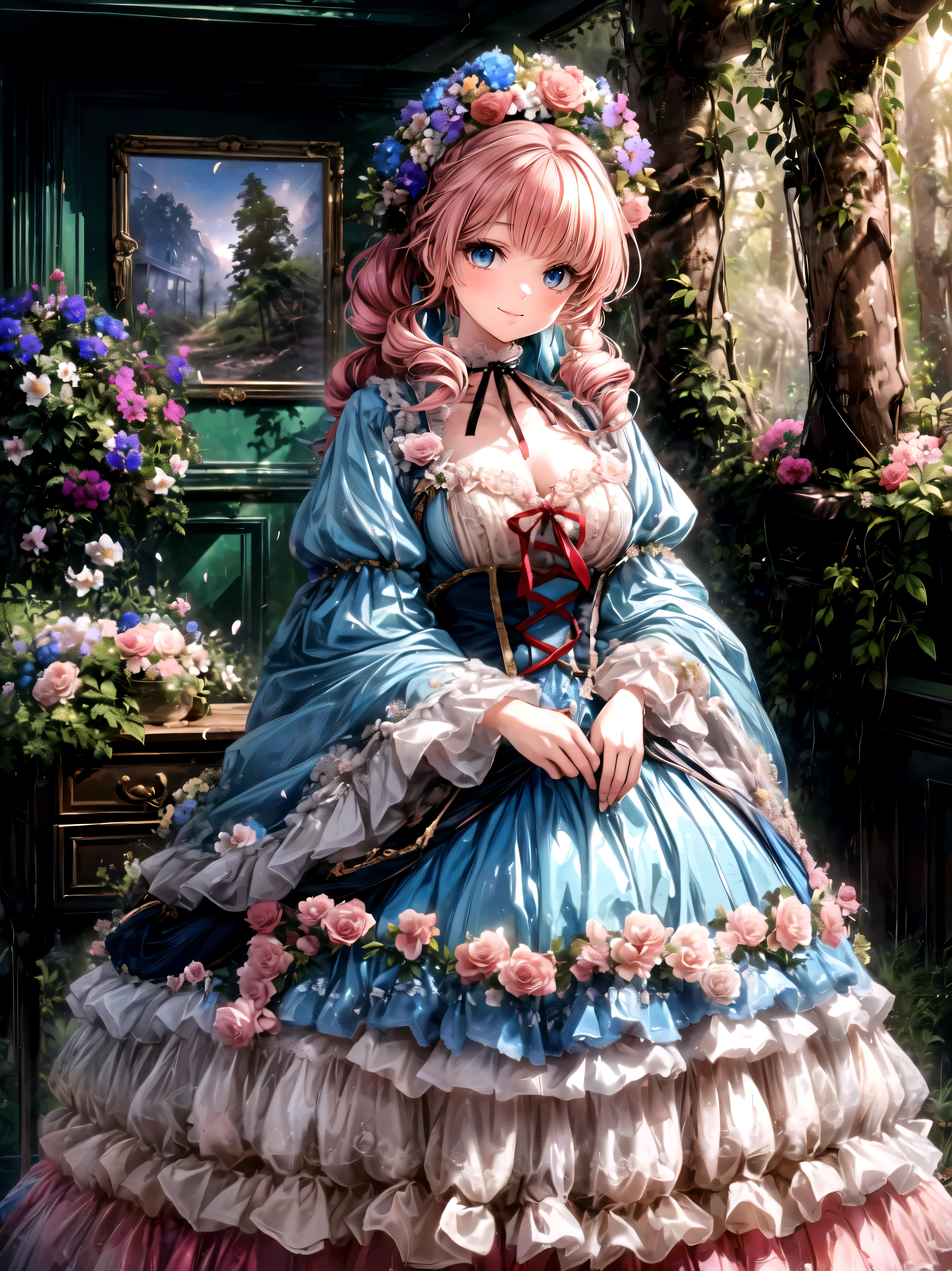 Lady, Curly Hair, ponytail on panty, Floral Crinoline Hoop Skirt, Red Petticoat Dress , ((( big size))), hyper detailed beautiful eyes, bonnet, Fluffy, pink hair, ((smile)), downblouse, loose t-shirt, light particles, Retro, forest, ((nature)), ( in the woods ), (((A decayed small room in the forest surrounded by flowers ))), sofa, ((Lots of colorful flowers)), (Flowing Petals), sunlight filtering through the trees, Shallow Depth of Field , Film Grain, landscape, light sparkles, light leaks, (anime moe art style:1.3), ((Superbly detailed drawing, ultra detailed, exquisite quality, absolutely resolution)),