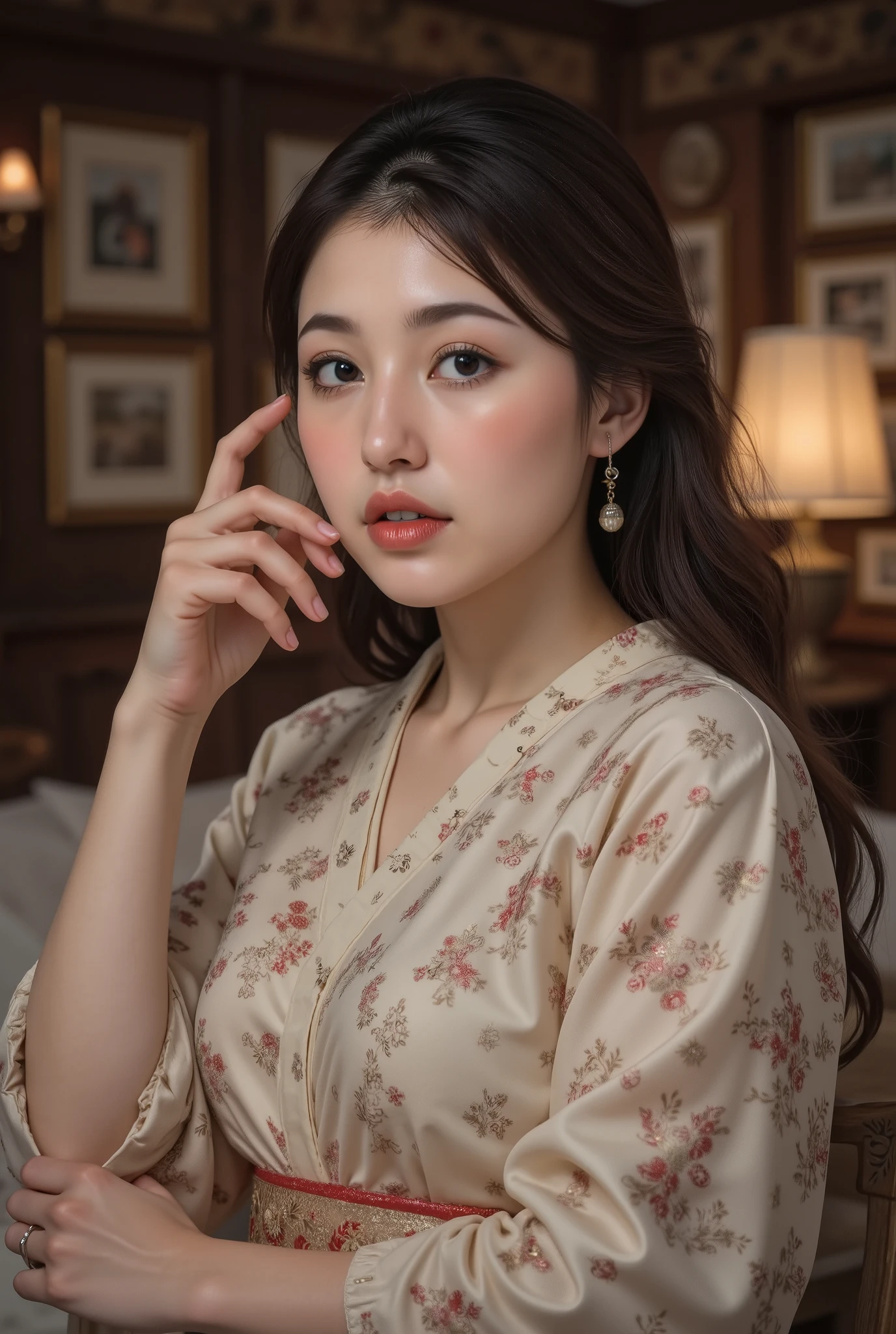 top quality, Masterpiece, Ultra high definition , excessive semen dripping from mouth , Kind Face, brown eyes, kind smile, curvy body, big boobs, Up Hair Brown, Japanese Style Women's Cloth Outfit , Japanese kimono, in an old-fashioned room, night :1.2,