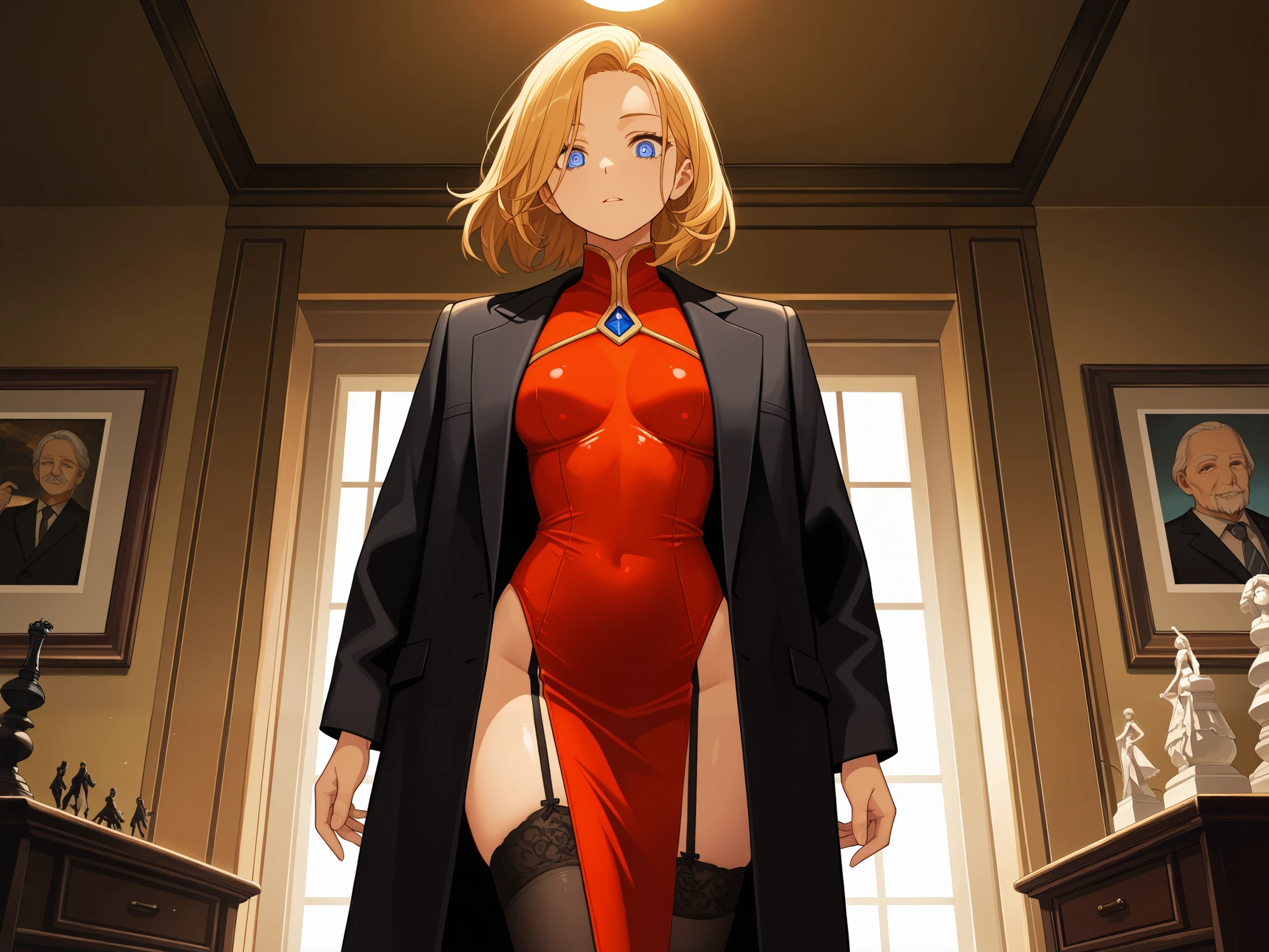 Seras,hellsing,detailed face,long blonde hair,breasts,large breasts,breast focus,beautiful detailed eyes,full lips,porcelain skin,vampire fangs,fierce expression,perky nose,waist-length hair,straight hair strands,vigorous body,well-toned muscles,fit physique,tall and slender body,battle-ready stance,red uniform,red jacket,black gloves,silver tiara,ornate cross necklace,dark atmosphere,gloomy background,ominous lighting,nighttime scene,dark shadows,high contrast,dramatic angles,vibrant colors,dynamic composition,mysterious aura,vampire powers,intense action scene,inspired by Gothic art,horror aesthetic,stylized interpretation,Bernadotte mansion,intricate details,realistic textures,bokeh effects,photorealistic rendering,ultra-detailed lines,high-res masterpiece,professional artwork,studio lighting,HDR enhancement.