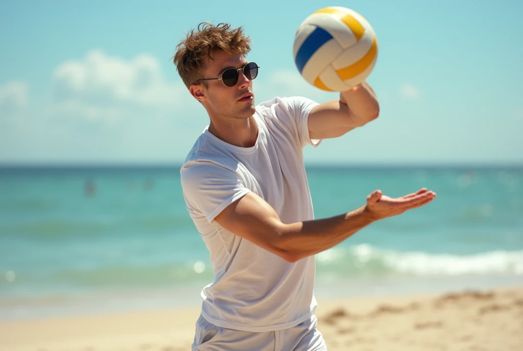 An energetic shot of Greg leading a group of people in a game of beach volleyball in the sand,original,greg is 6 foot, white, short curly brown hair, round glasses, slightly narrow face. 7/10 handsome. Well put together., male