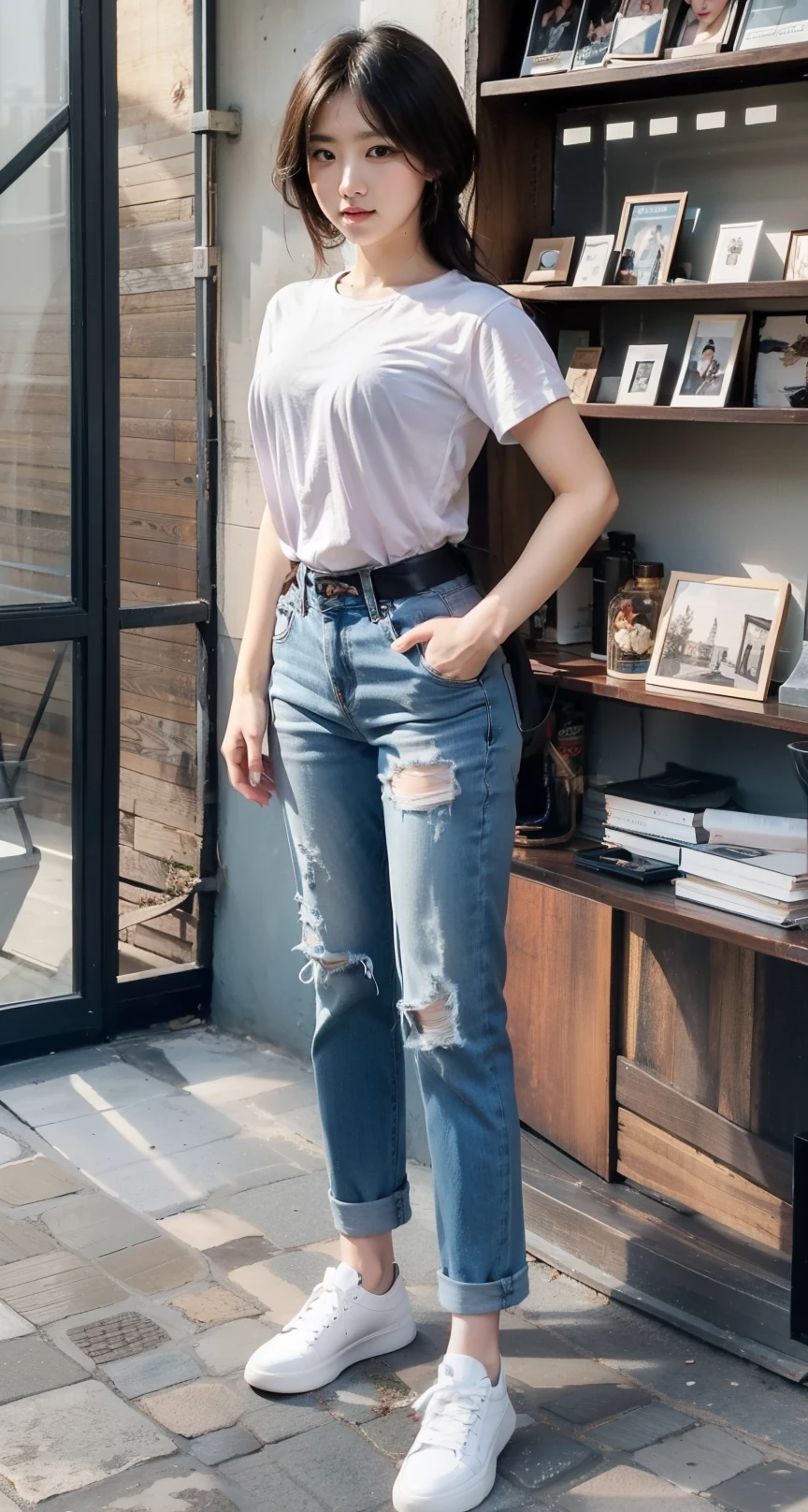 Zhu Ai_Villas，RAW photos，Brand photos，（highdetailskin：1.2），8k ultra high definition，digital SLR camera，gentlesoftlighting，high high quality，filmgrain，富士XT3，20 years old Asian woman，Wear simple clothes，T-shirt and skinny jeans，Detailed clothing details:1.3，perfect body figure，Super detailed facial details and skin，Fair and tender face and skin，二重まぶた，Super detailed eyes，fully body photo