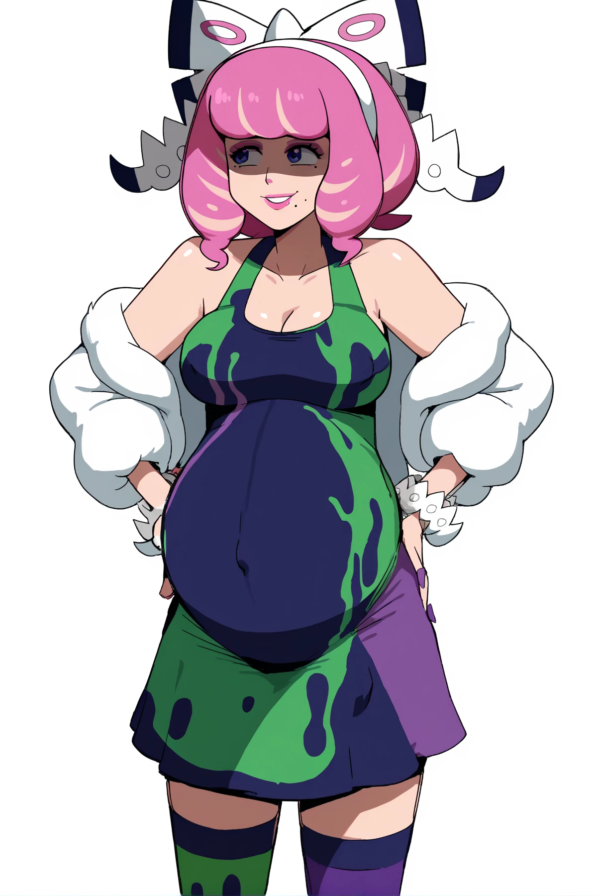 obese mina ashido, obese 1girl, solo, breasts, short hair, medium breasts, shirt, white background,fat belly, obese body, collarbone, yellow eyes, upper body, pink hair, short sleeves, horns, teeth, colored skin, blue shirtteeth, happy, colored sclera, emphasis lines, black sclera, pink skin, HD definition, 4K