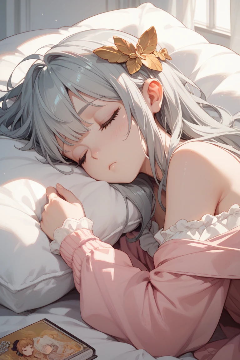 Lie down in bed、I closed my eyes and slept soundly、night、Sleeping in the room、1 girl,albino, cute, gray hair、beautiful, long hair, Blue eyes, hair with ribbon,night light ((8k, Hmm, surreal))、Shorten your hair